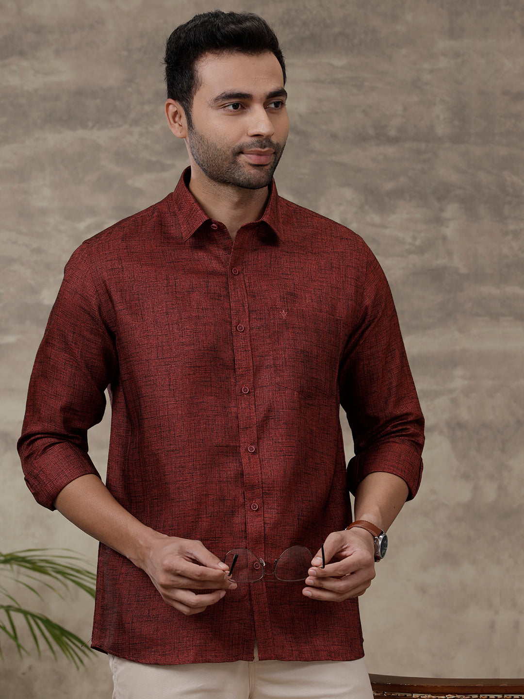 Men Cotton Blend Shirt Maroon T38 TN6