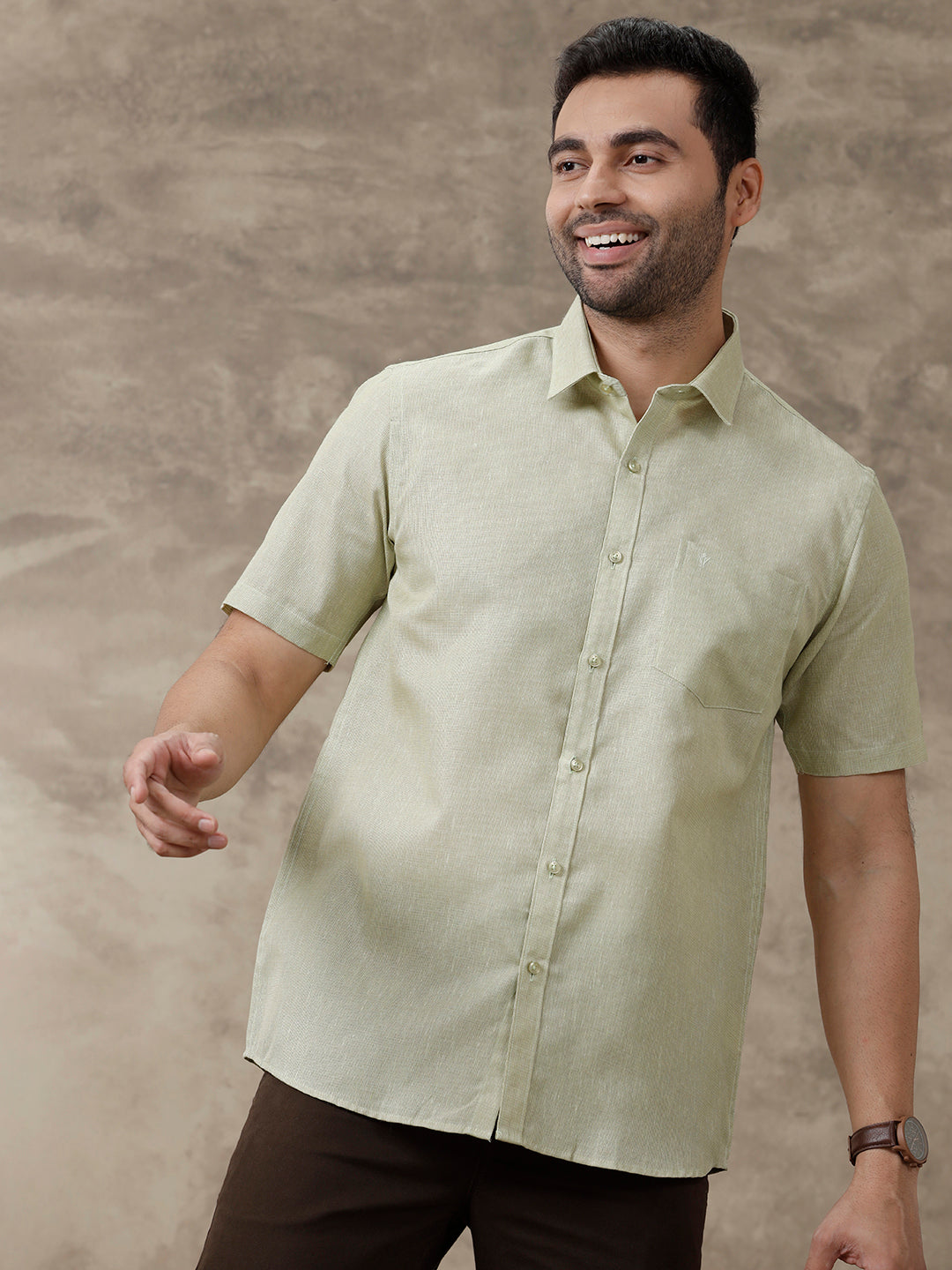 Men Cotton Blend Shirt Half Sleeves Olive Green CV16