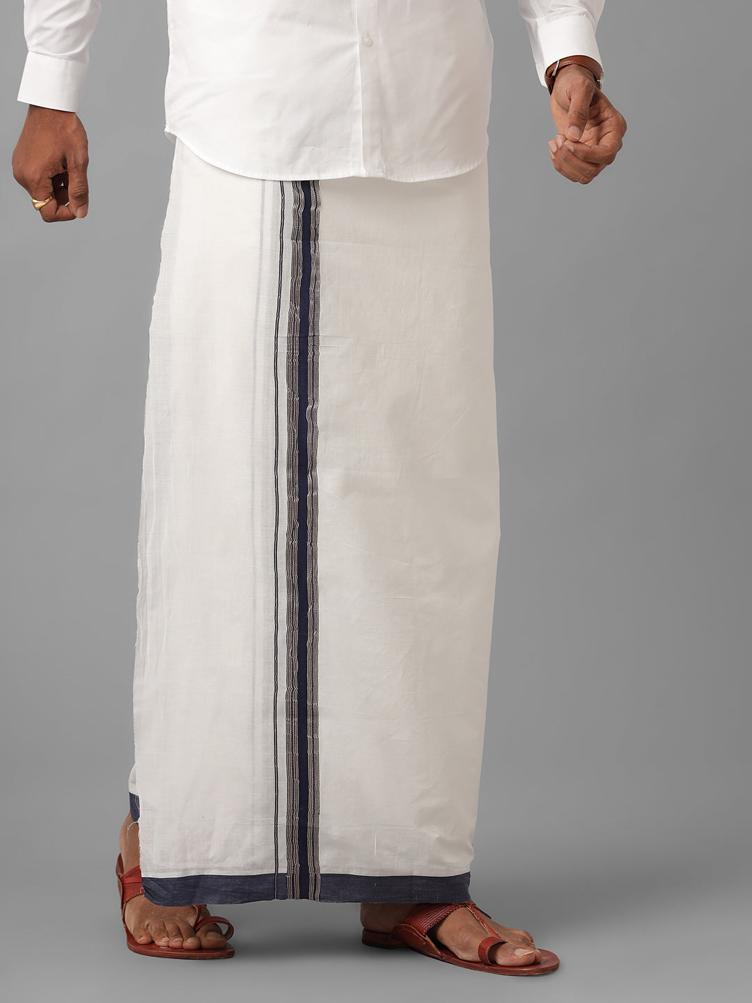 Men Pure Cotton Navy with Silver Border Double Dhoti