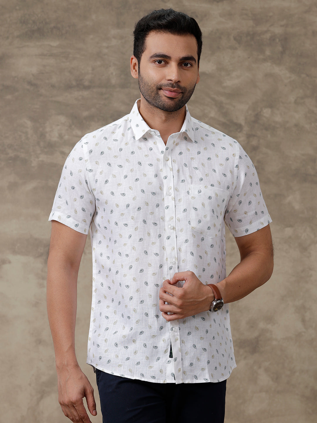 Men Pure Linen Printed Shirt White LS68