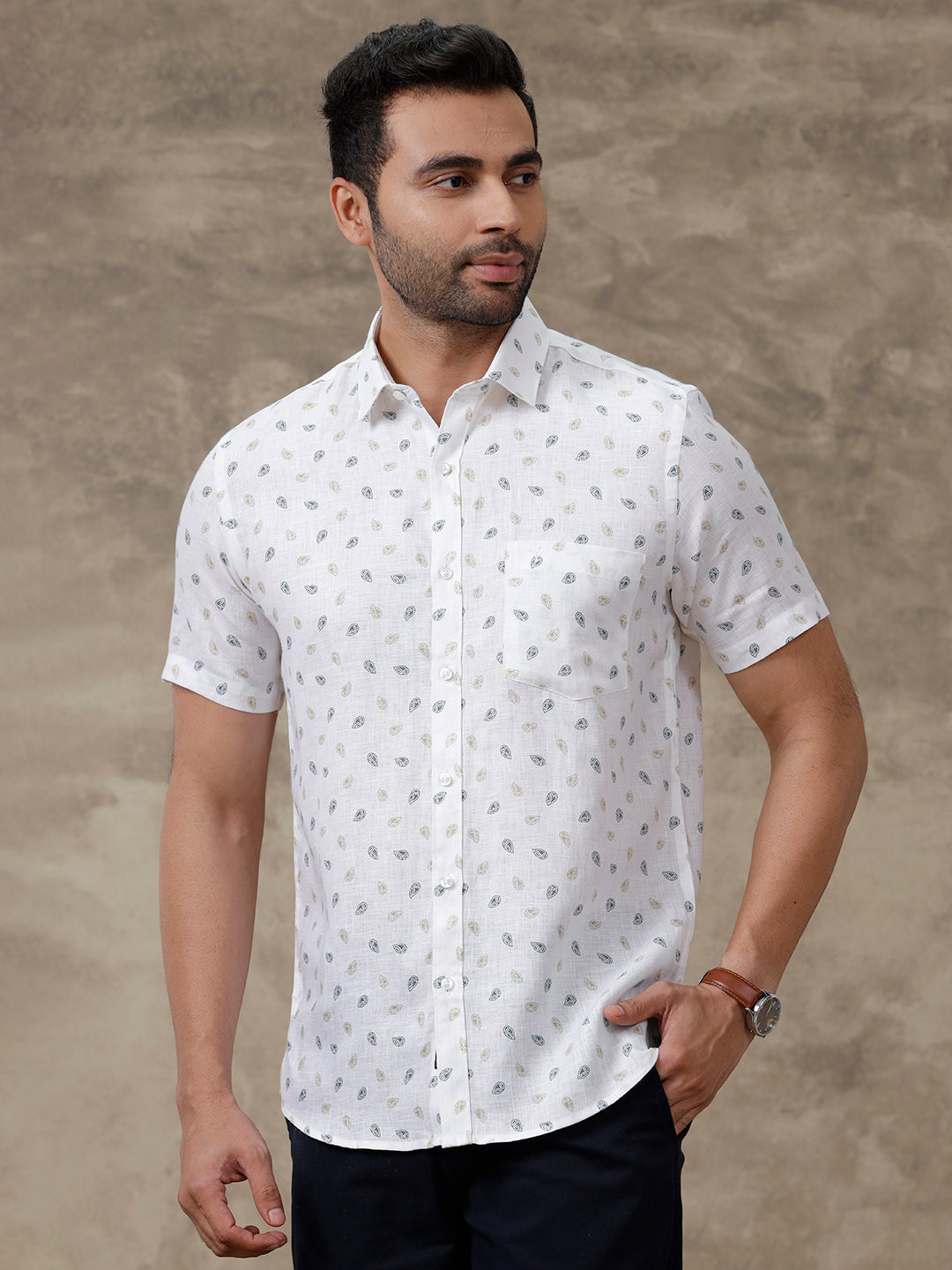 Mens Pure Linen Printed Shirt White