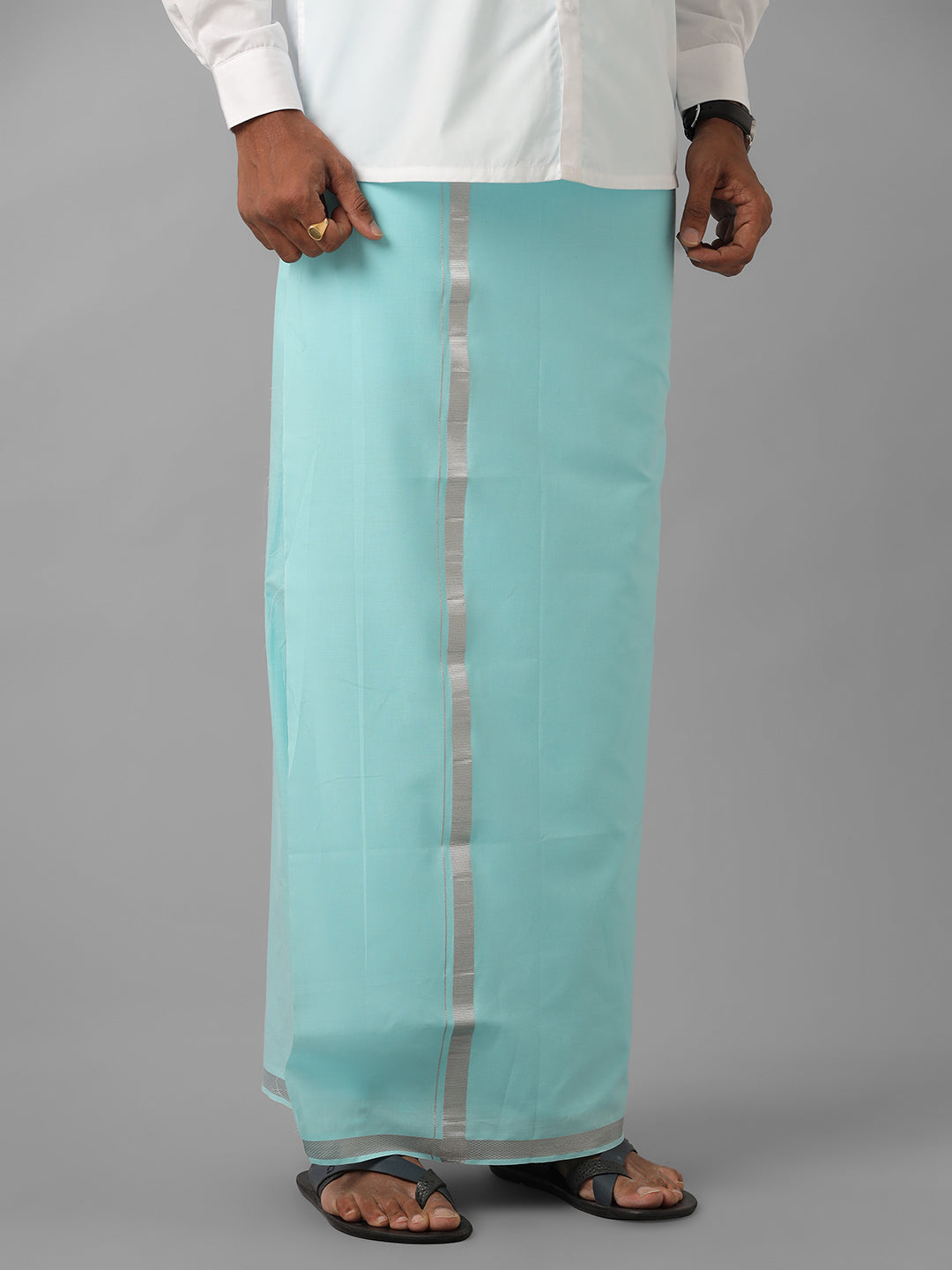 Mens Colour Dhoti with Silver Border Blue