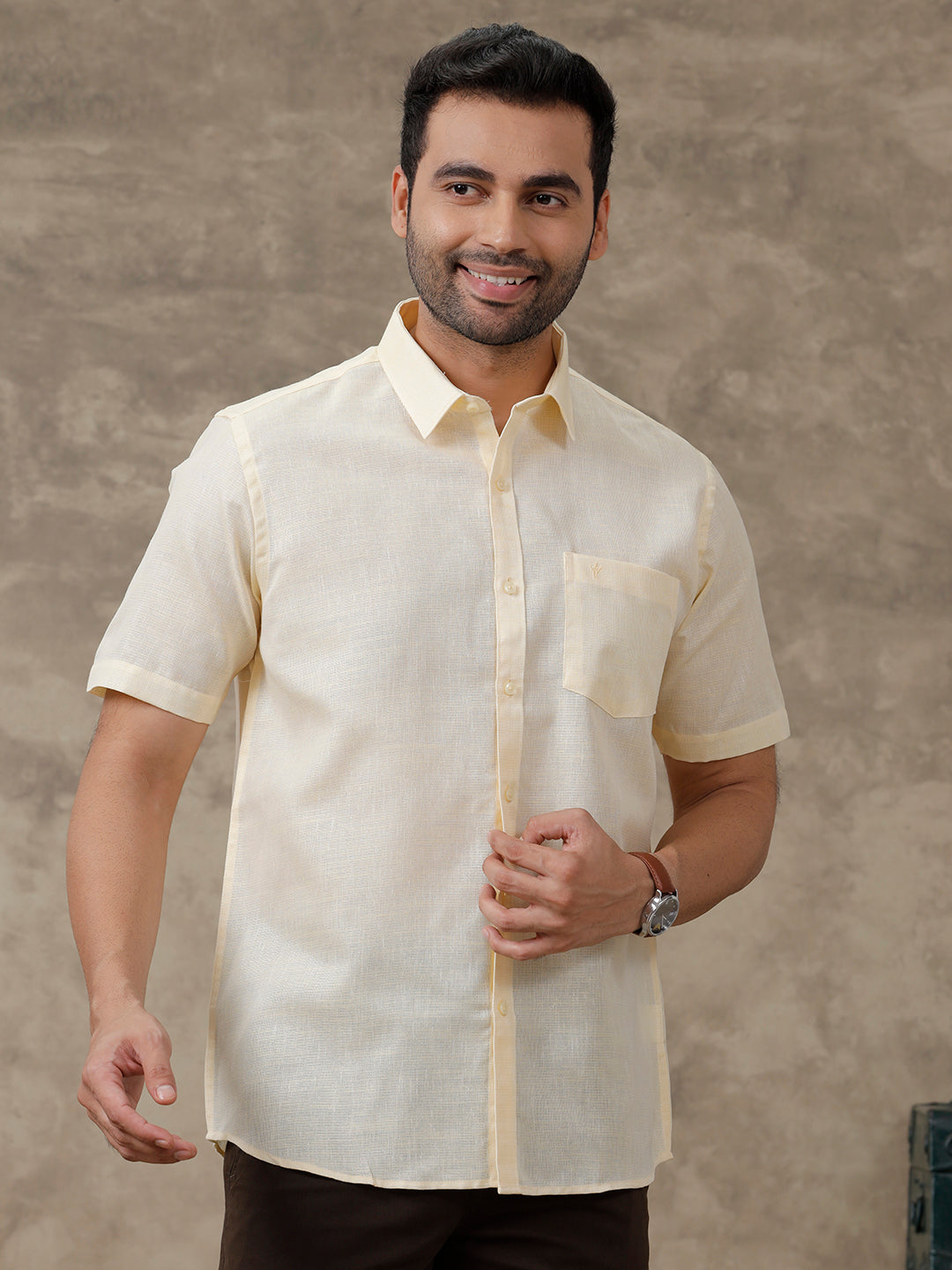 Men Cotton Blend Shirt Half Sleeves Yellow CV1