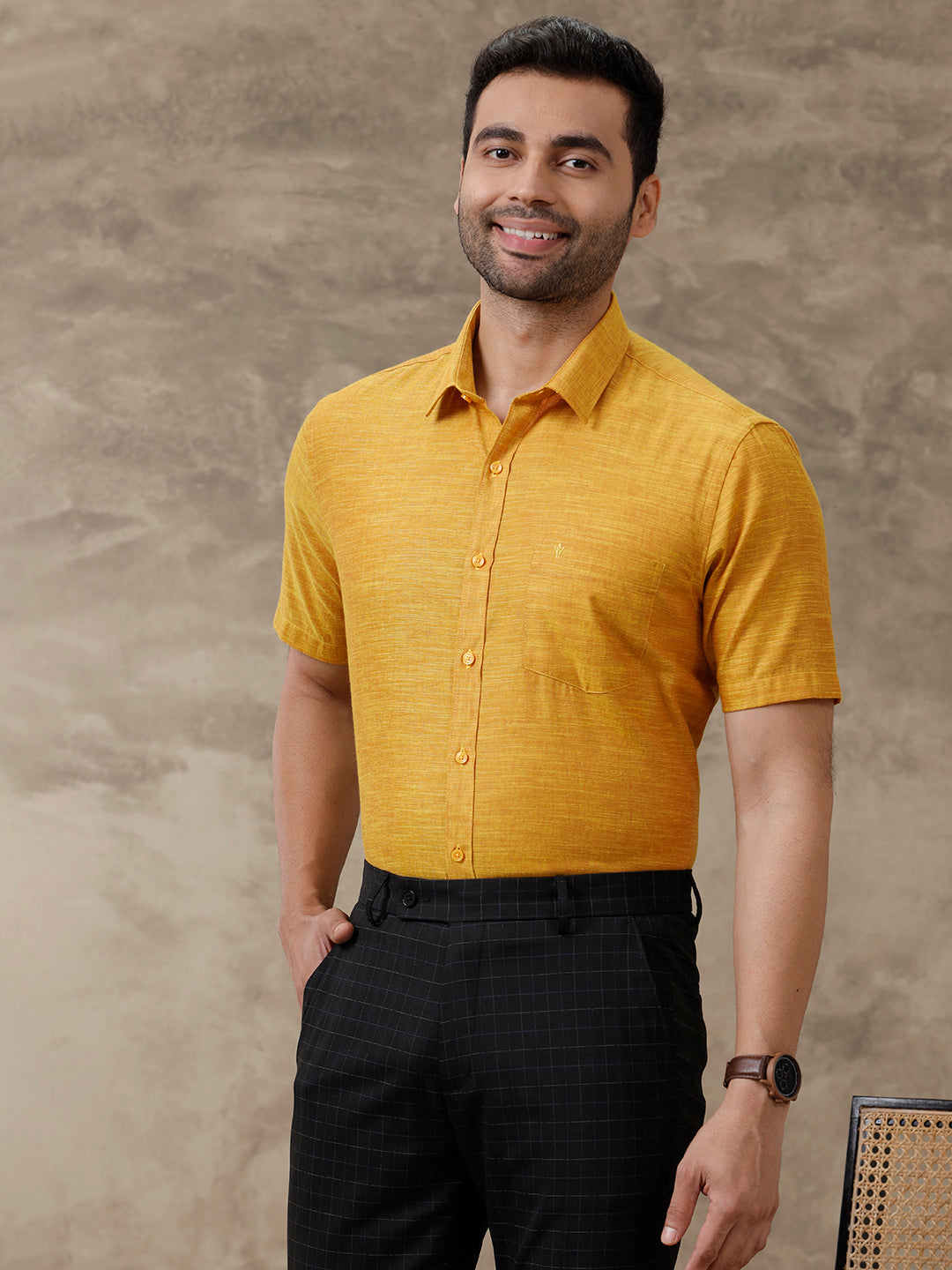 Men Cotton Rich Shirt Half Sleeves Mustard T28 TD1