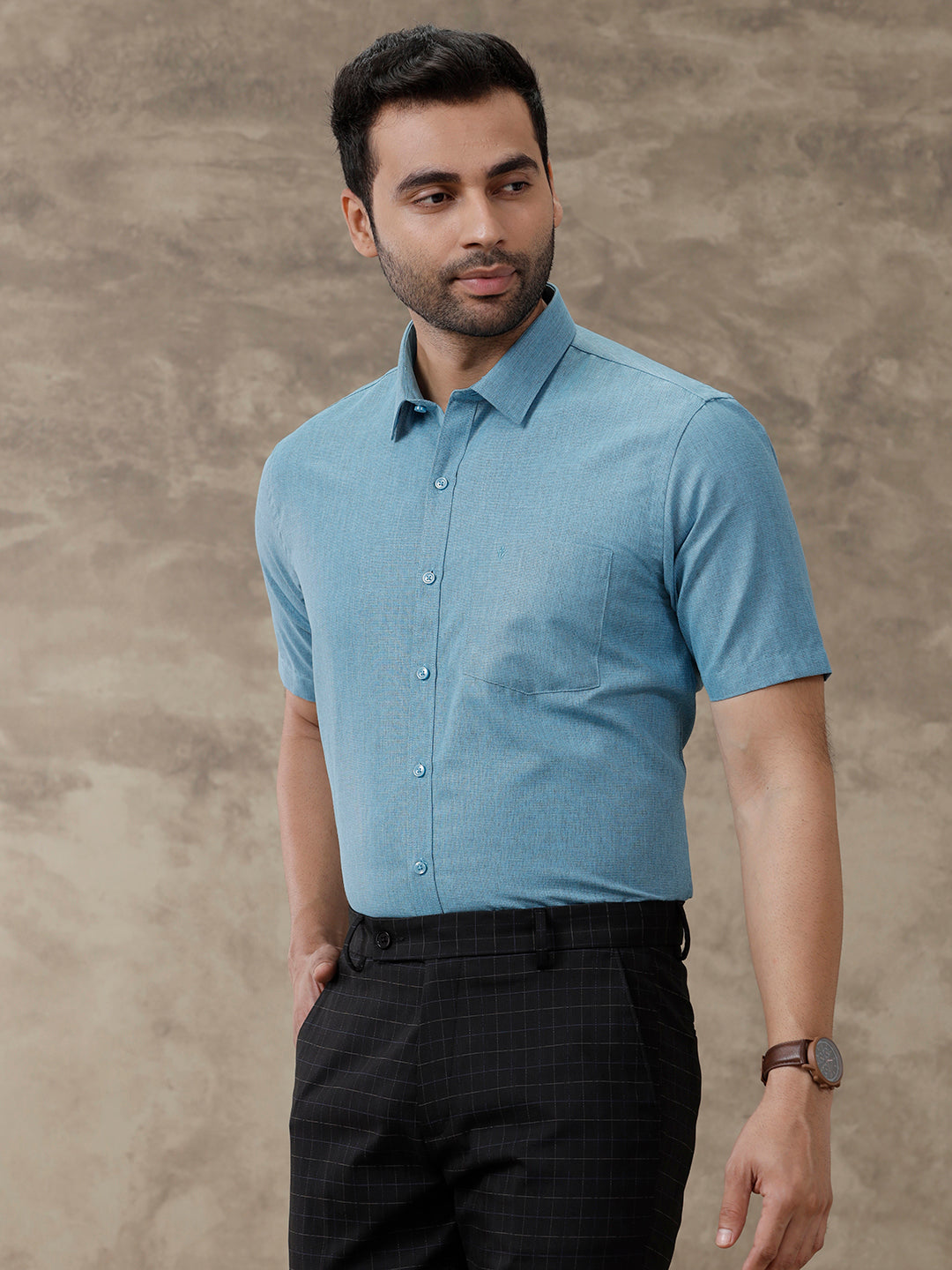 Men Cotton Blend Half Sleeves Shirt Blue T1 GC14