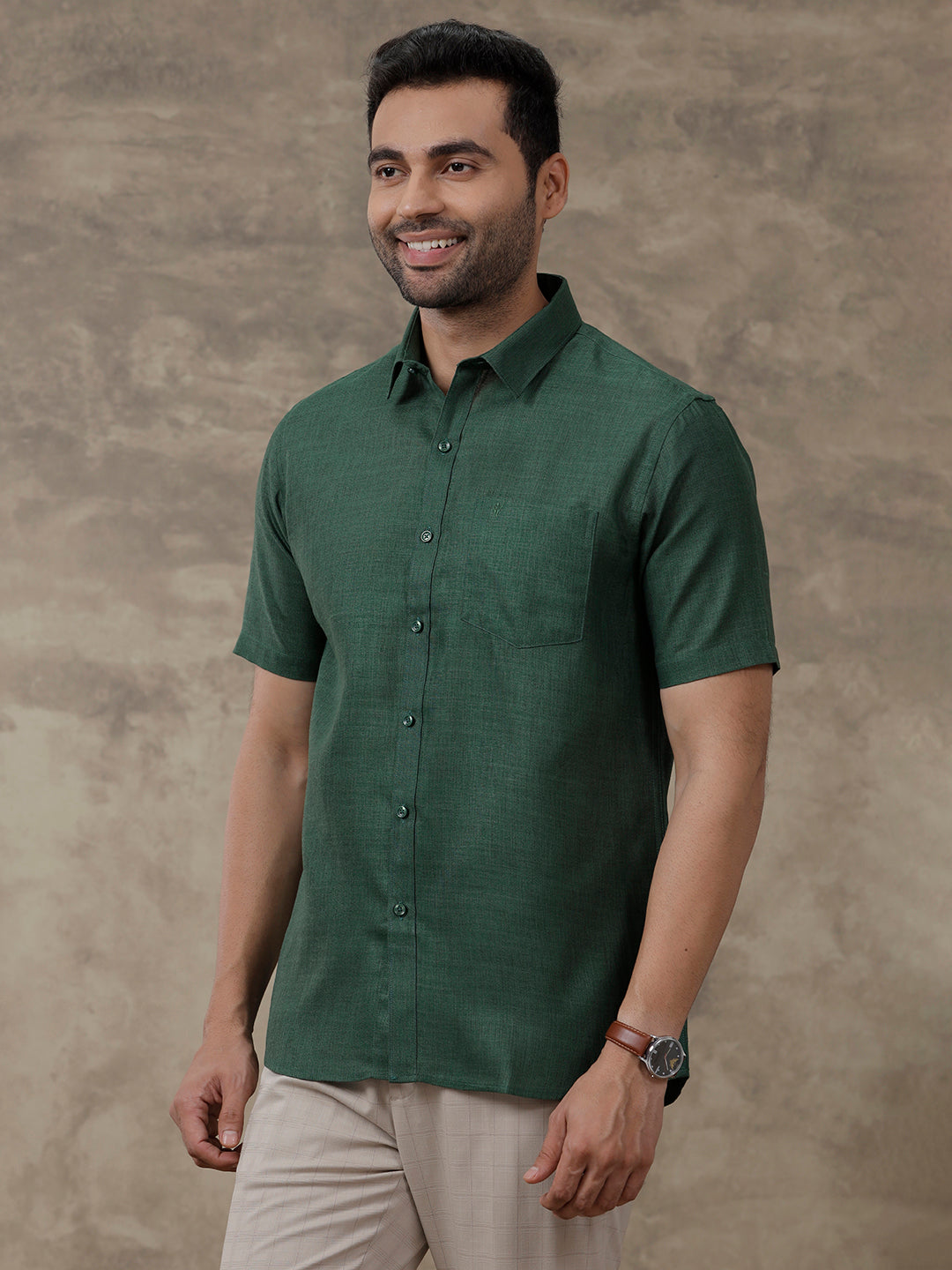 Men Cotton Rich Shirt Half Sleeves Dark Green T26 TB9