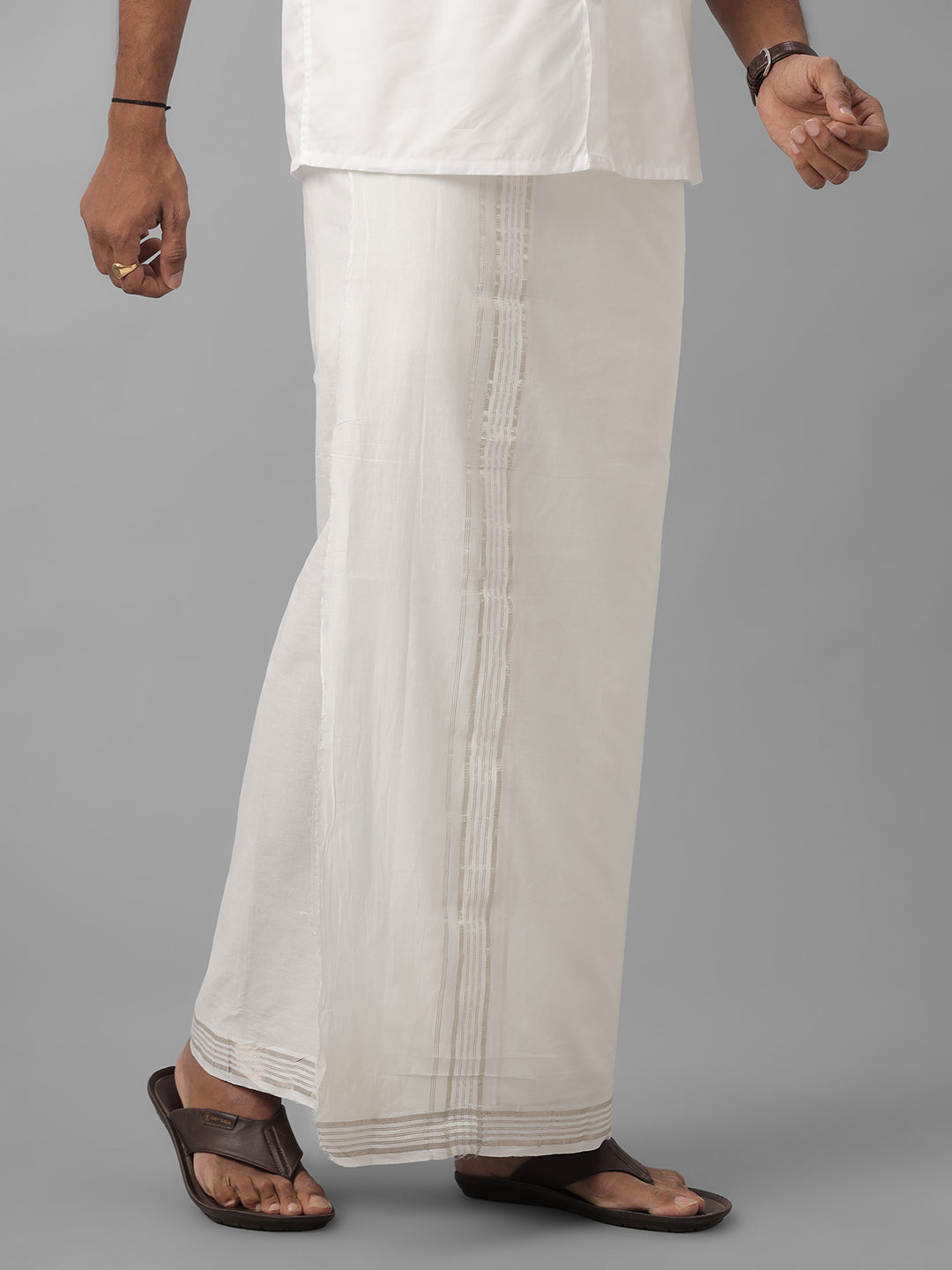 Mens Pure Cotton Silver Jari Border Double Dhoti