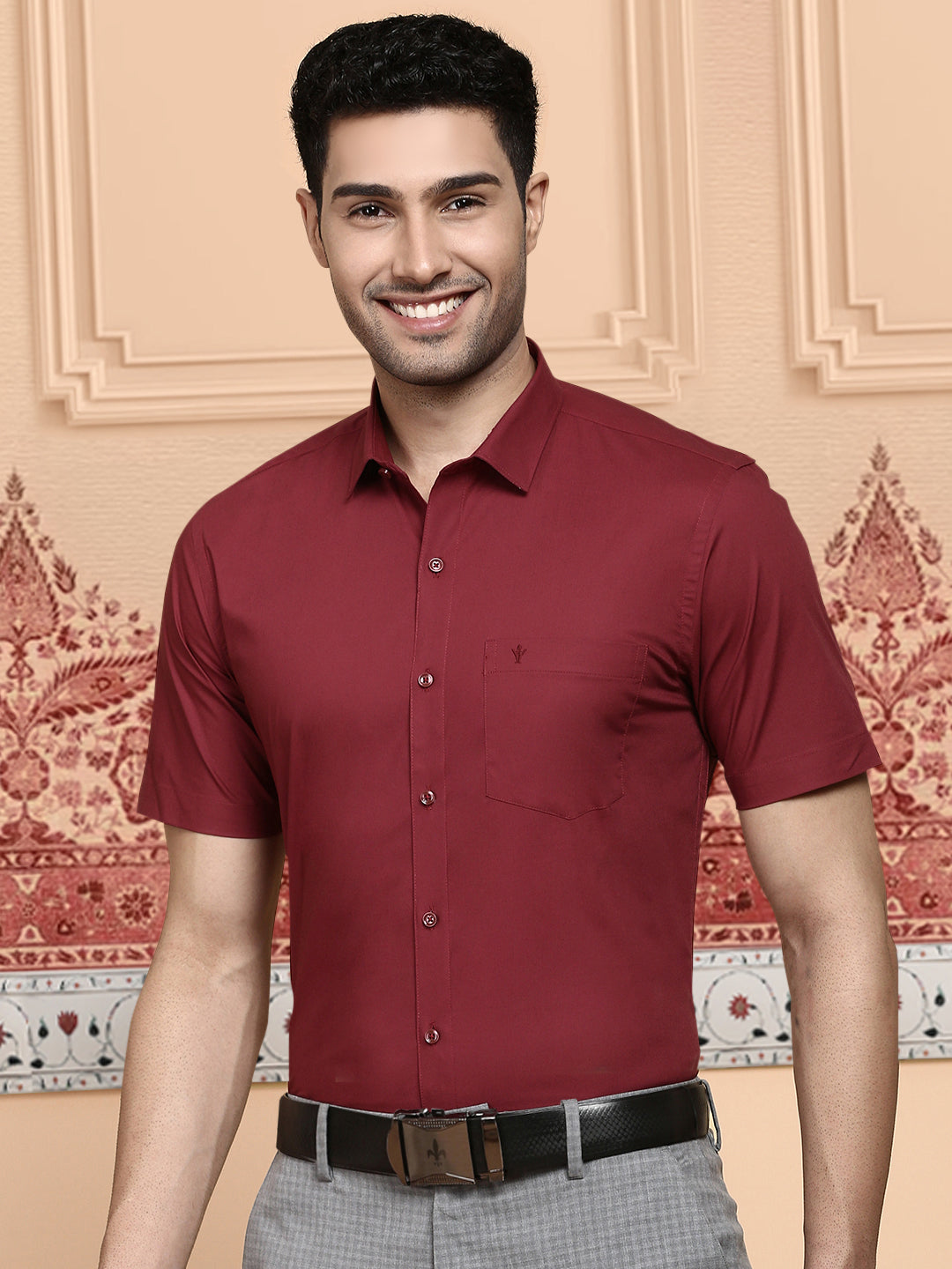 Men Cotton Spandex 2 Way Stretch Shirt Maroon LY6