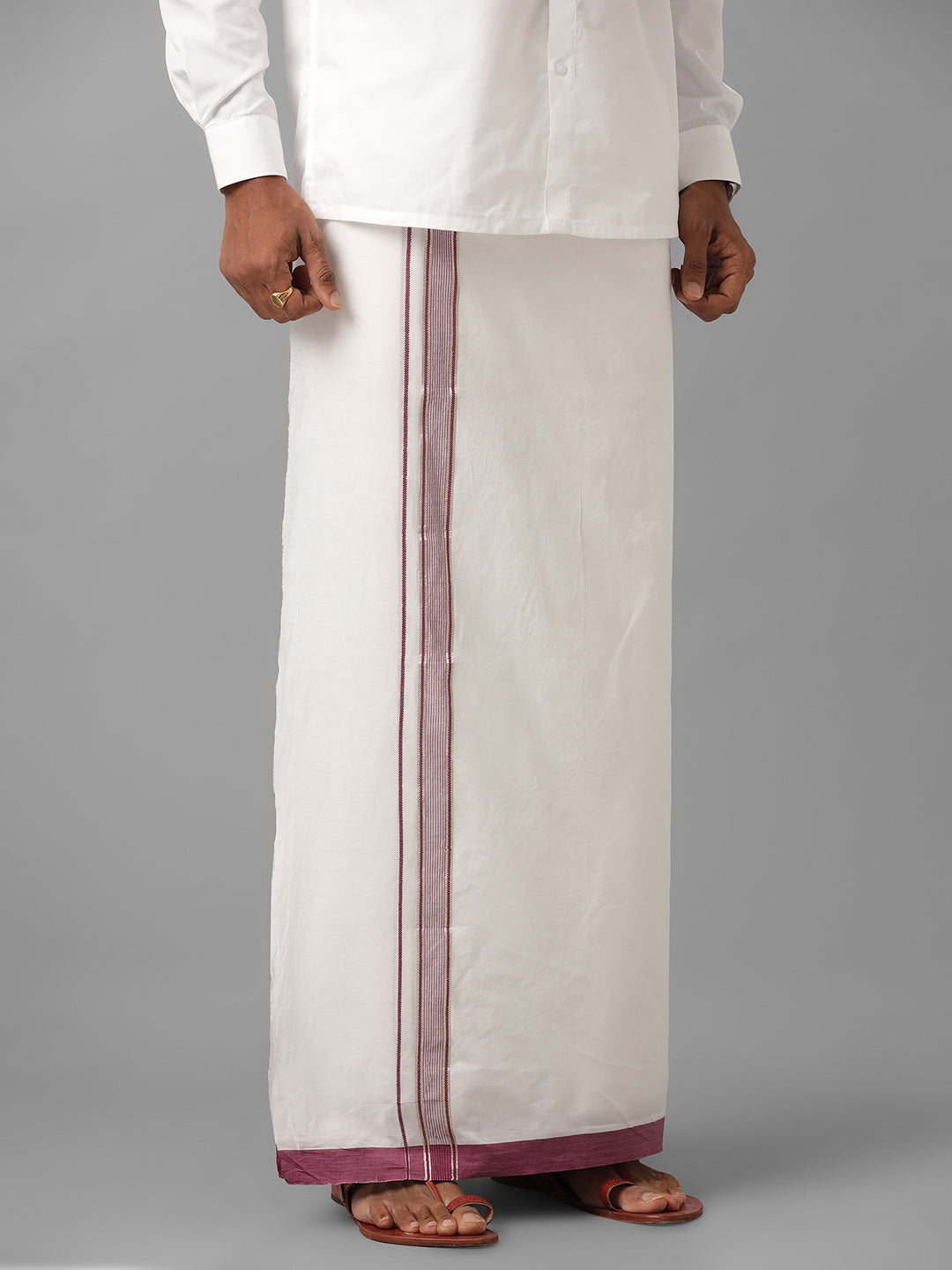 Mens Pure Cotton Maroon with Silver Border Double Dhoti