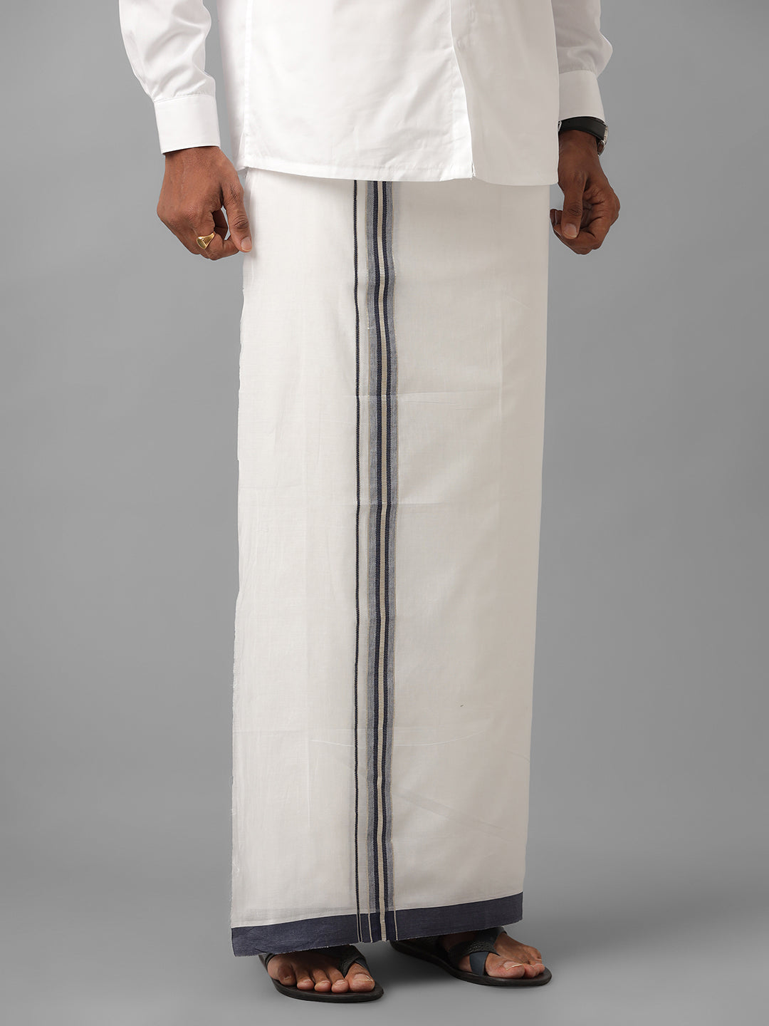 Mens Pure Cotton Navy with Silver Border Double Dhoti