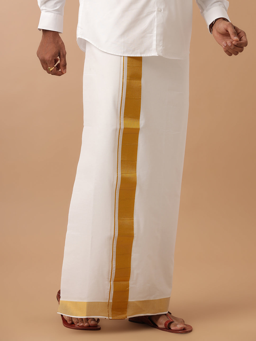 Men White with 2" inch Gold Jari Border Double Layer Dhoti Gold Special Pet