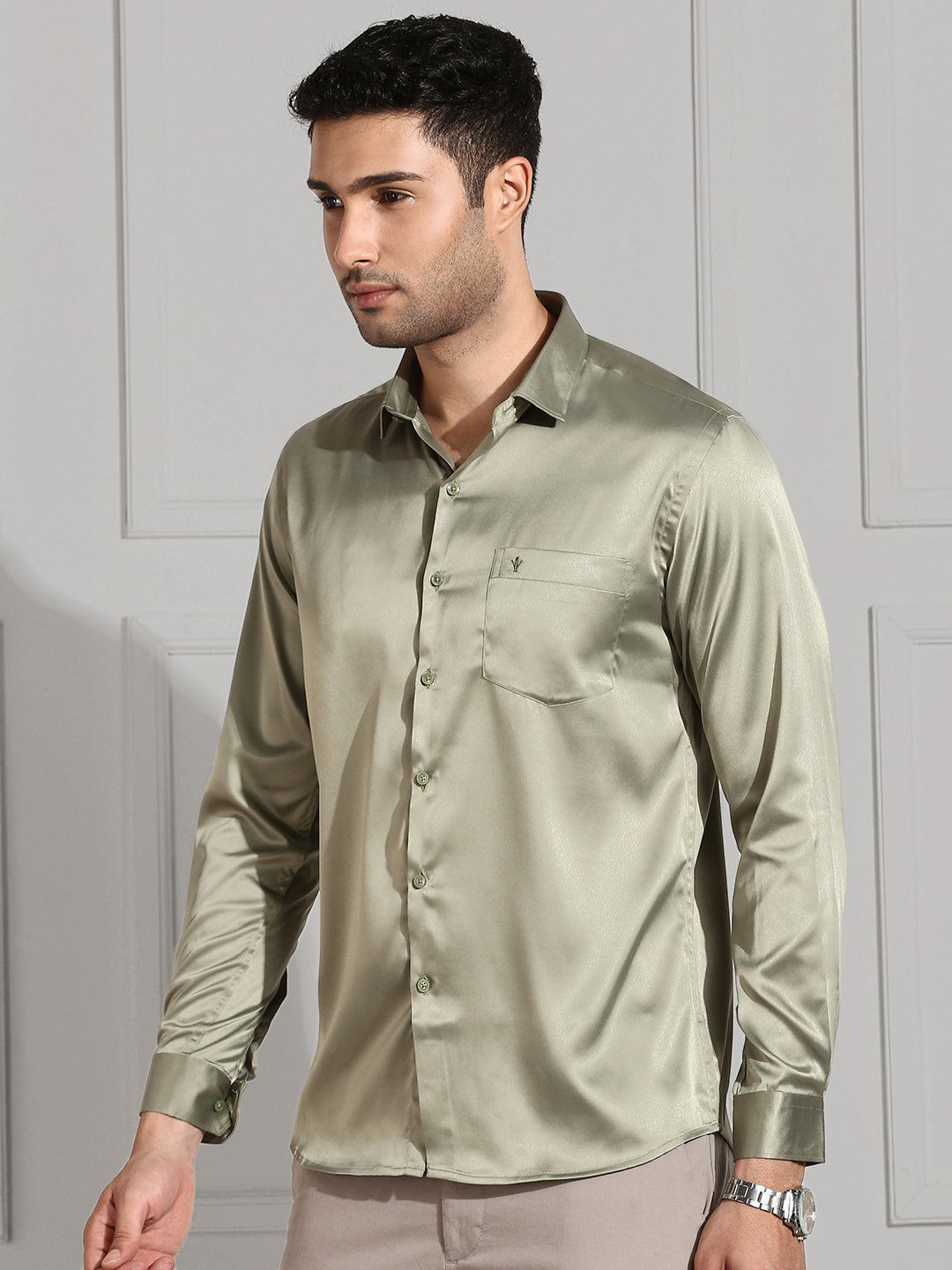 Mens Party Wear Olive Green Shirt PS1