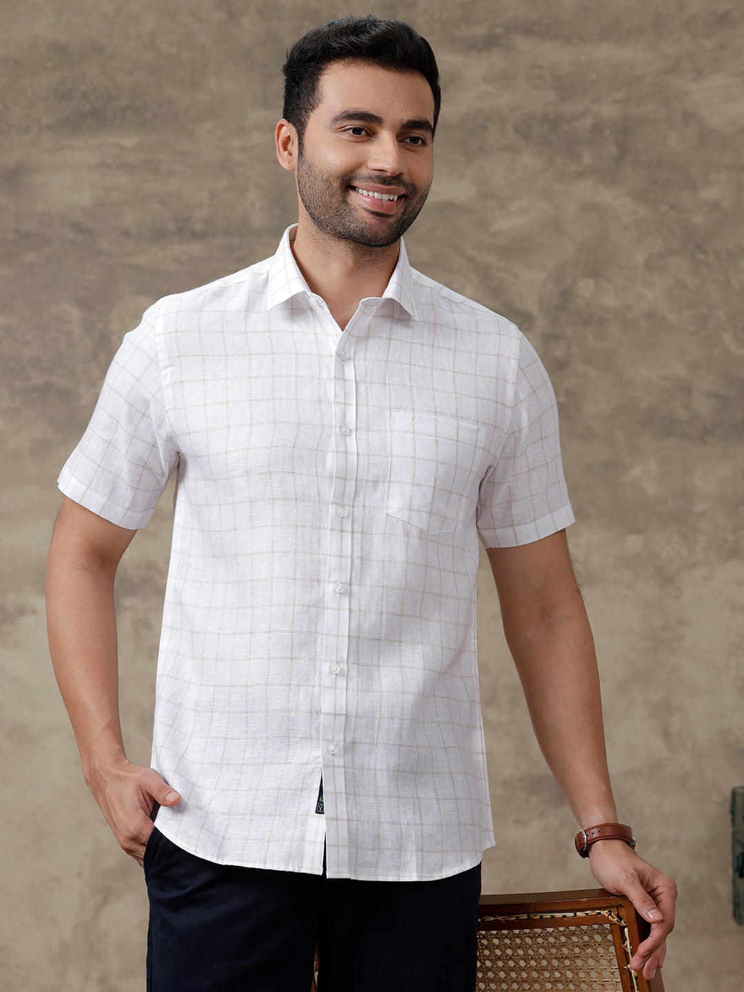 Men Pure Linen Checked Shirt White - LS51