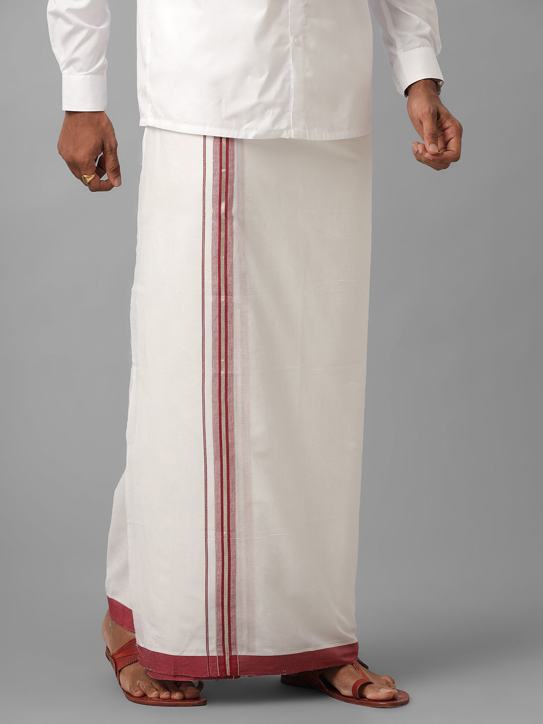 Mens Pure Cotton Magenta with Silver Border Double Dhoti