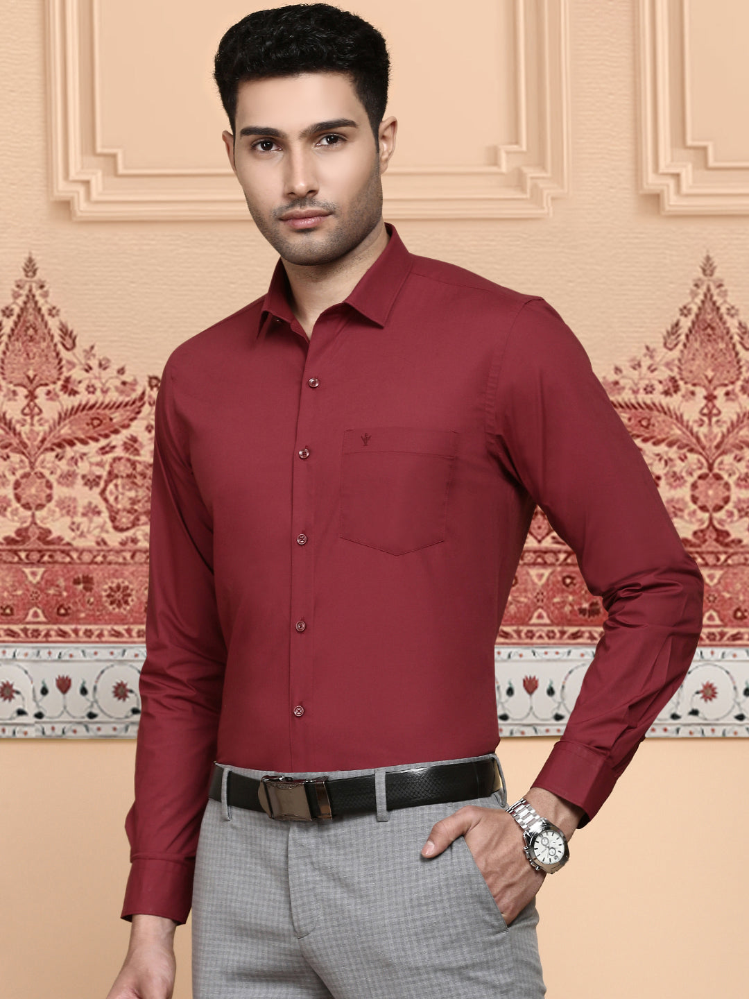 Men Cotton Spandex Shirt 2 Way Stretch Maroon LY6