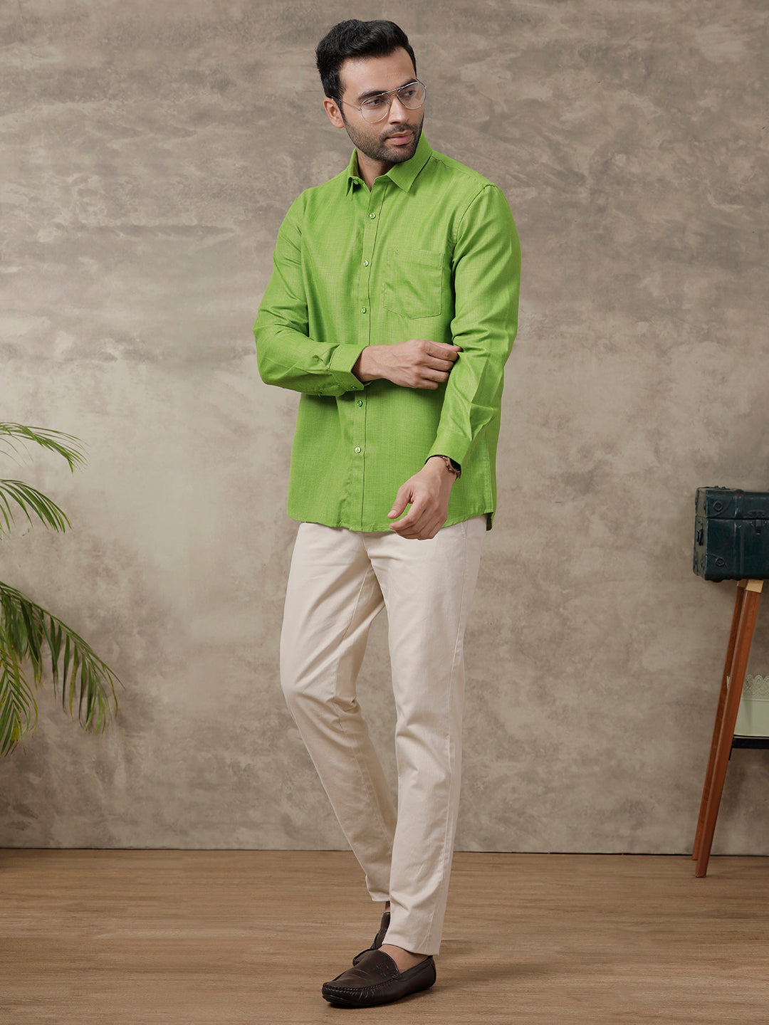 Men Cotton Rich Shirt Parrot Green T41 TQ8