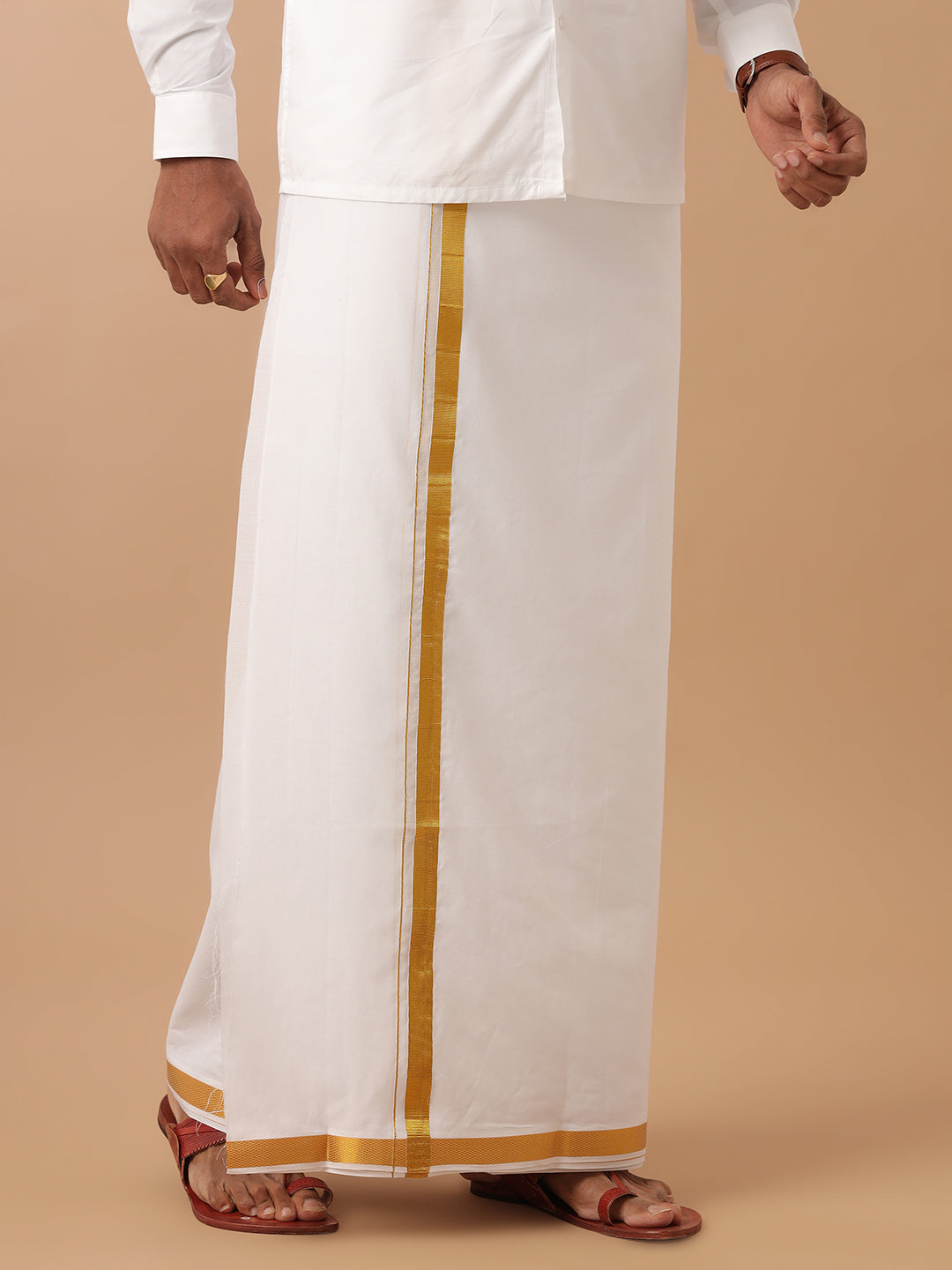 Men 1" inch Gold Jari Border Double Layer White Dhoti & Towel Set Kalasadan