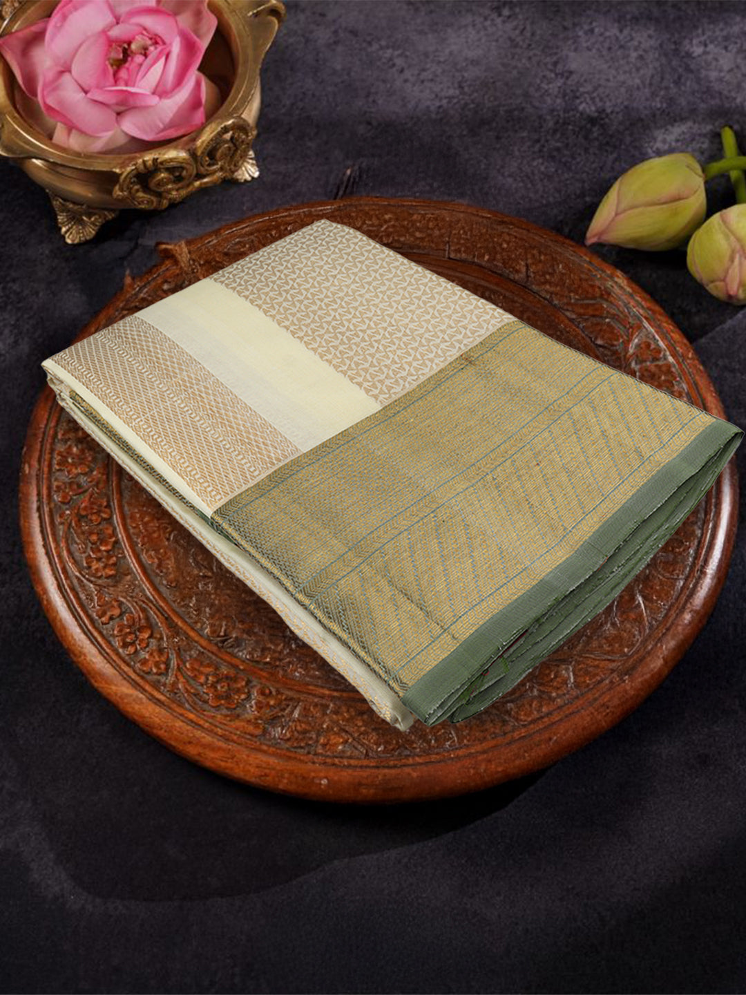 Men Premium Pure Silk Dhoti & Towel Set with 6" inch Gold Jari Border Amirtham AM7