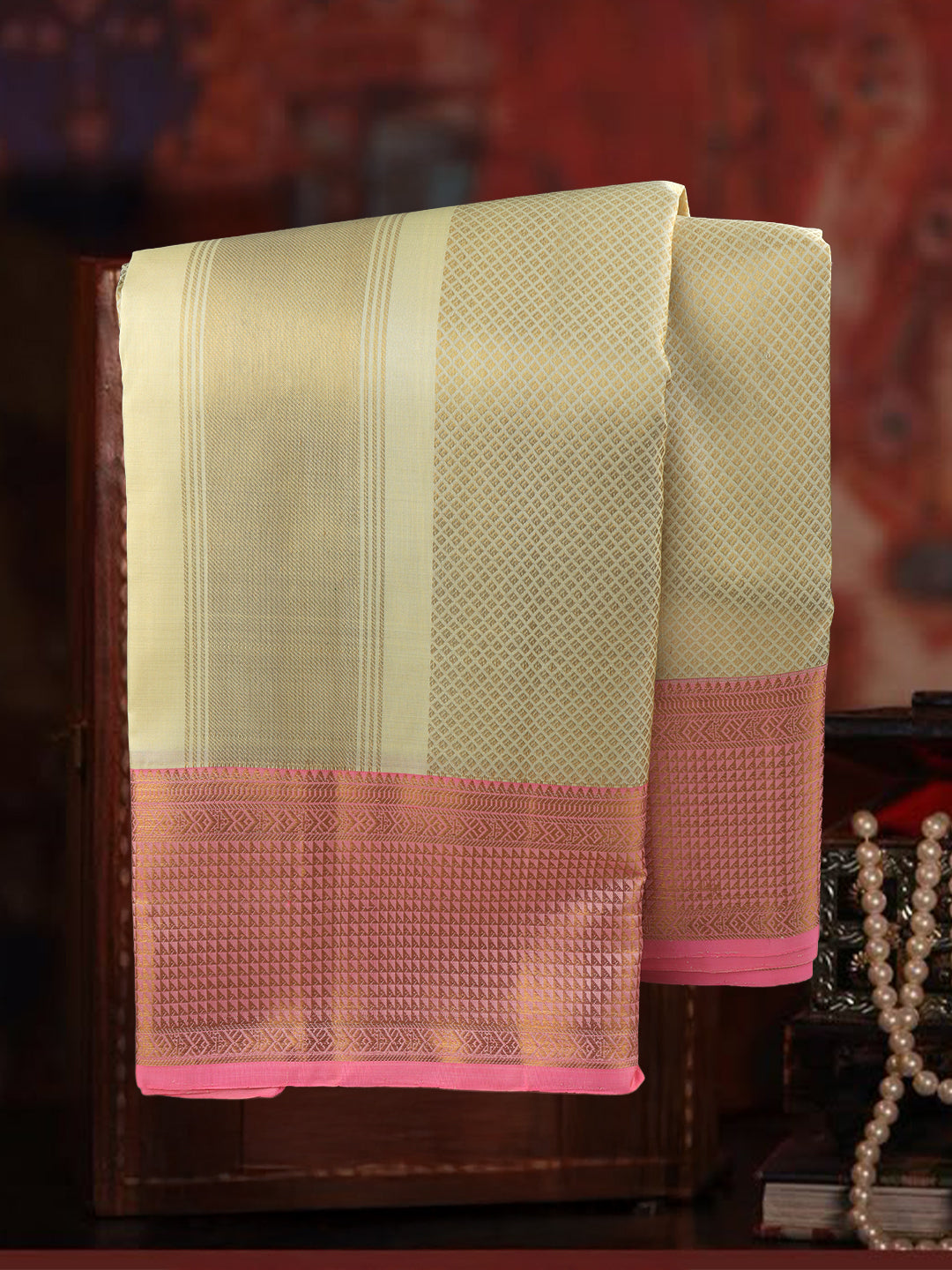 Men Premium Pure Silk Dhoti & Towel Set with 6" inch Gold Jari Border Amirtham AM3