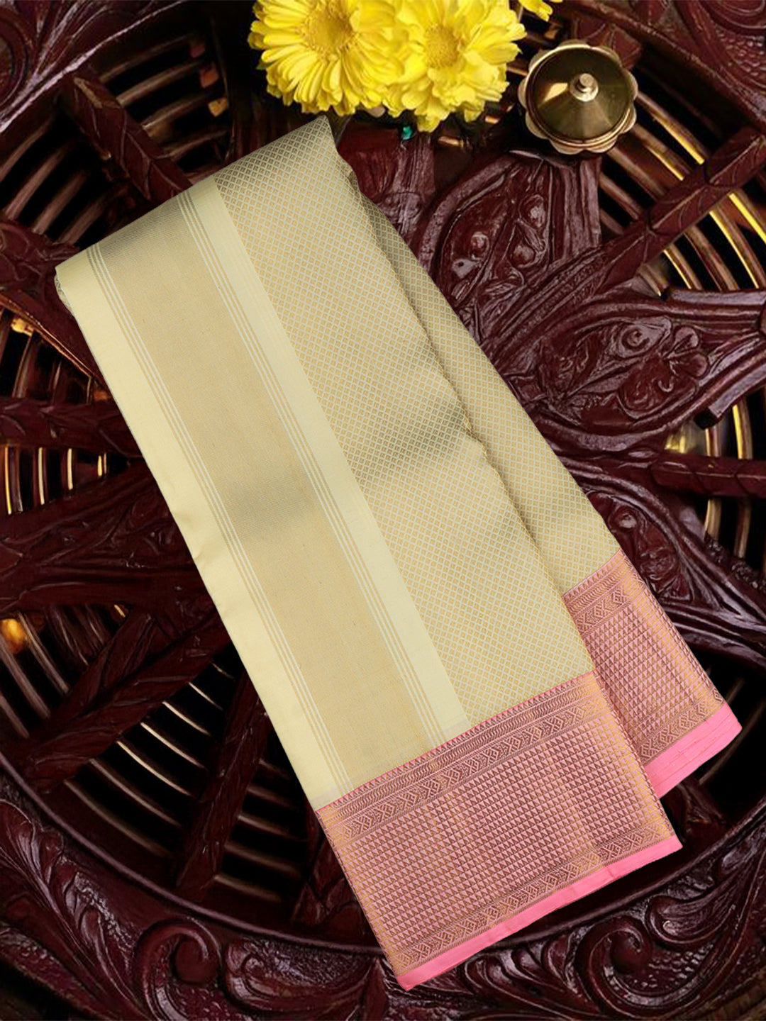 Men Premium Pure Silk Dhoti & Towel Set with 6" inch Gold Jari Border Amirtham AM3