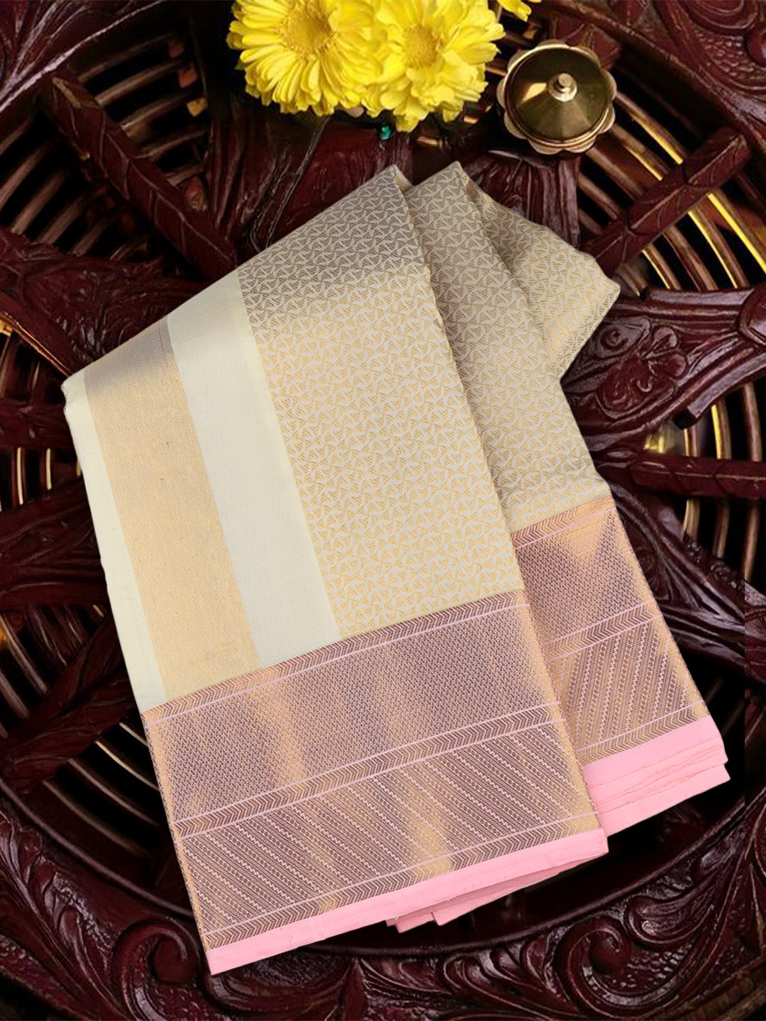 Men Premium Pure Silk Dhoti & Towel Set with 6" inch Gold Jari Border Amirtham AM5