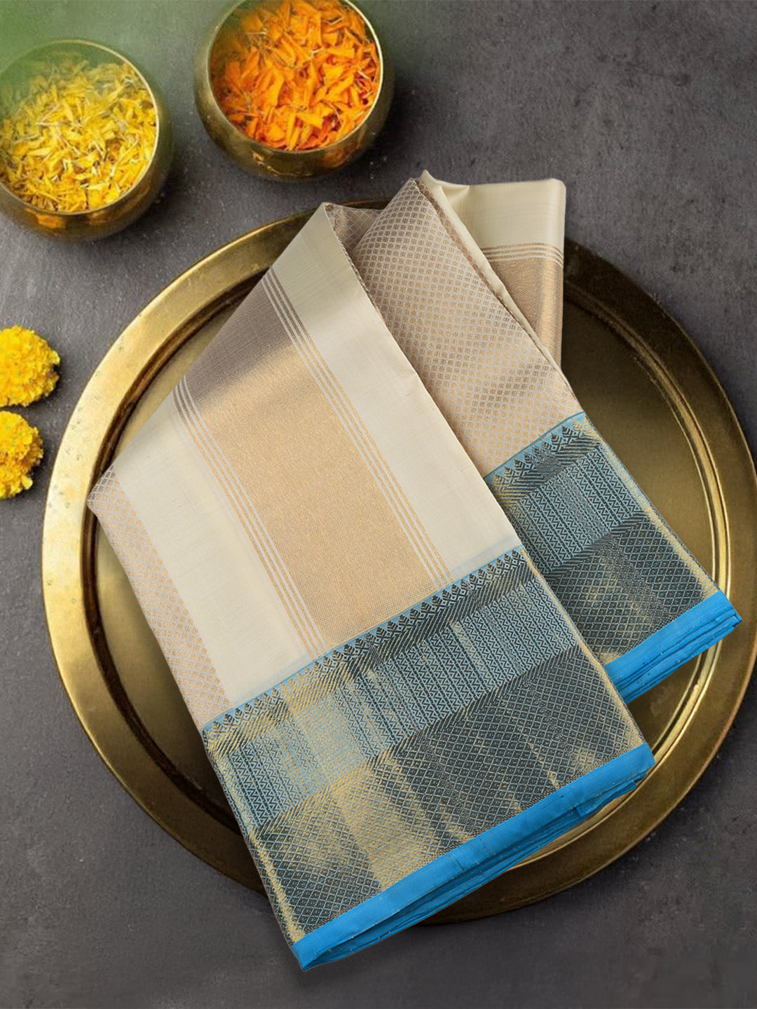 Men Premium Pure Silk Dhoti & Towel Set with 6" inch Gold Jari Border Amirtham AM4
