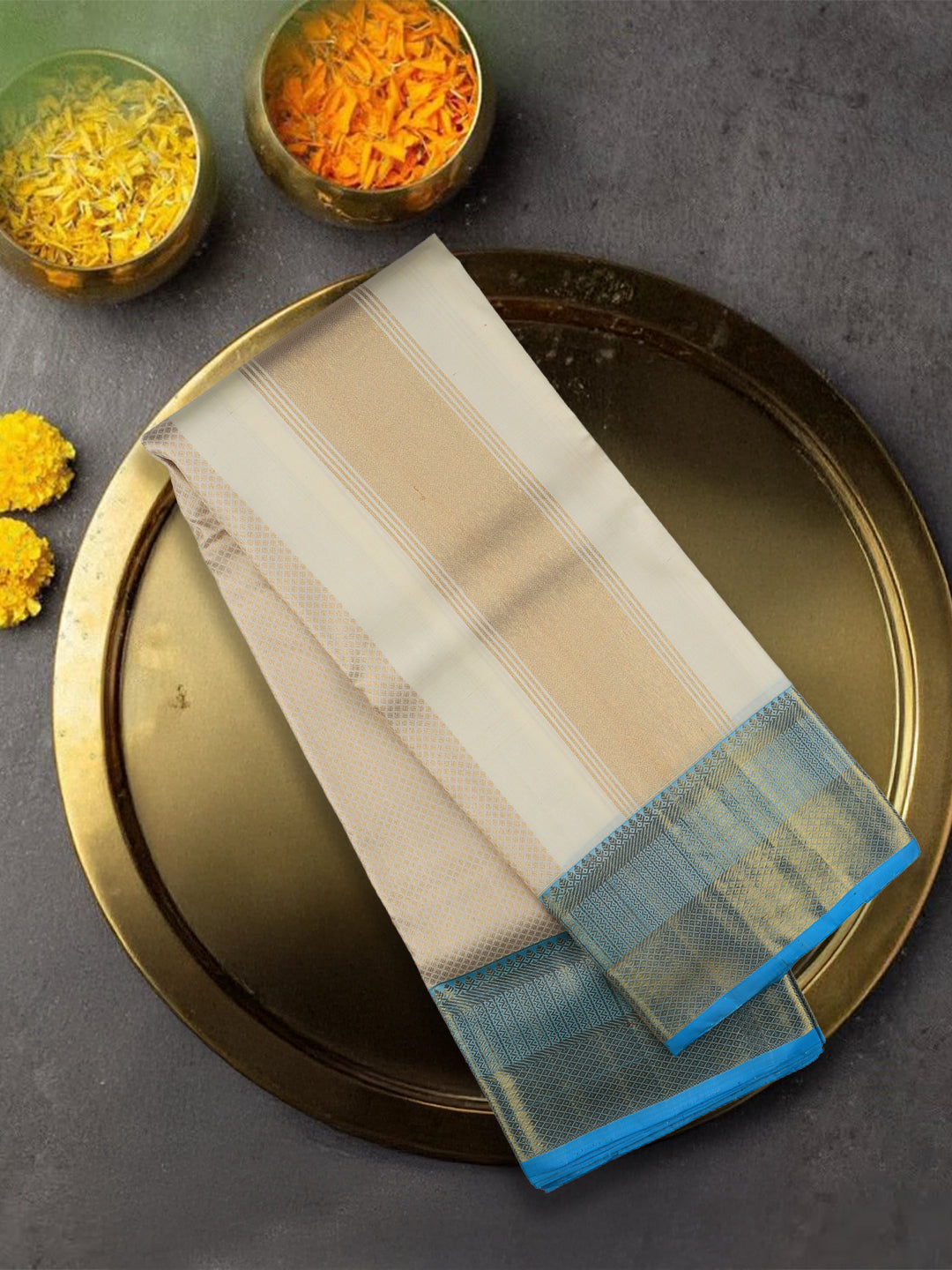 Men Premium Pure Silk Dhoti & Towel Set with 6" inch Gold Jari Border Amirtham AM4