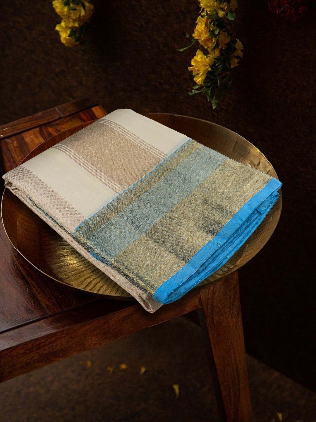 Men Premium Pure Silk Dhoti & Towel Set with 6" inch Gold Jari Border Amirtham AM4