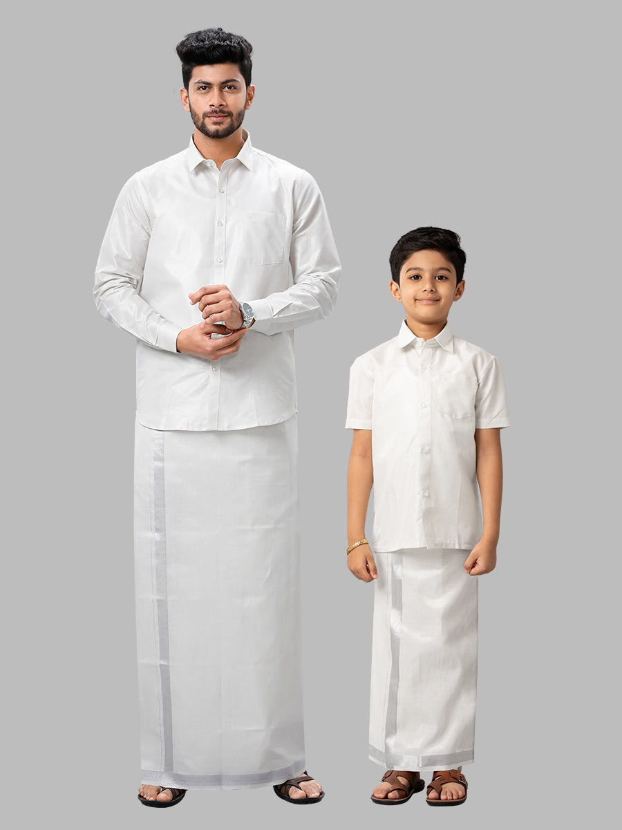 Like Father Like Son Tissue Jari Shirt Dhoti Combo Sankalpam Silver