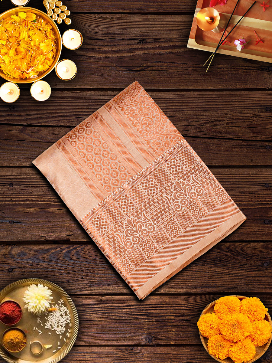 Pure Silk Copper Jqucard Design  4" Copper Jari Border Embossed Dhoti With Towel Thirukalyan