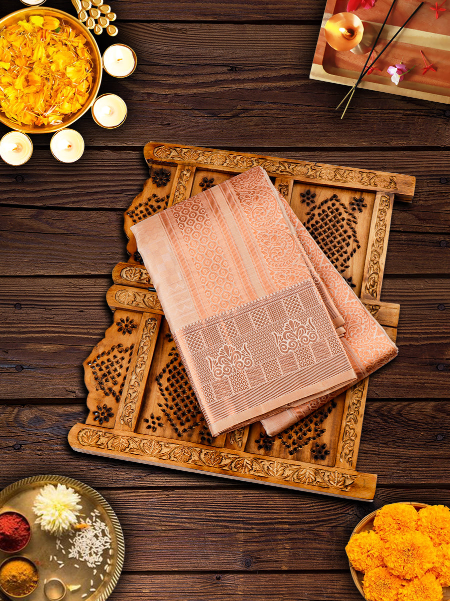 Pure Silk Copper Jqucard Design  4" Copper Jari Border Embossed Dhoti With Towel Thirukalyan