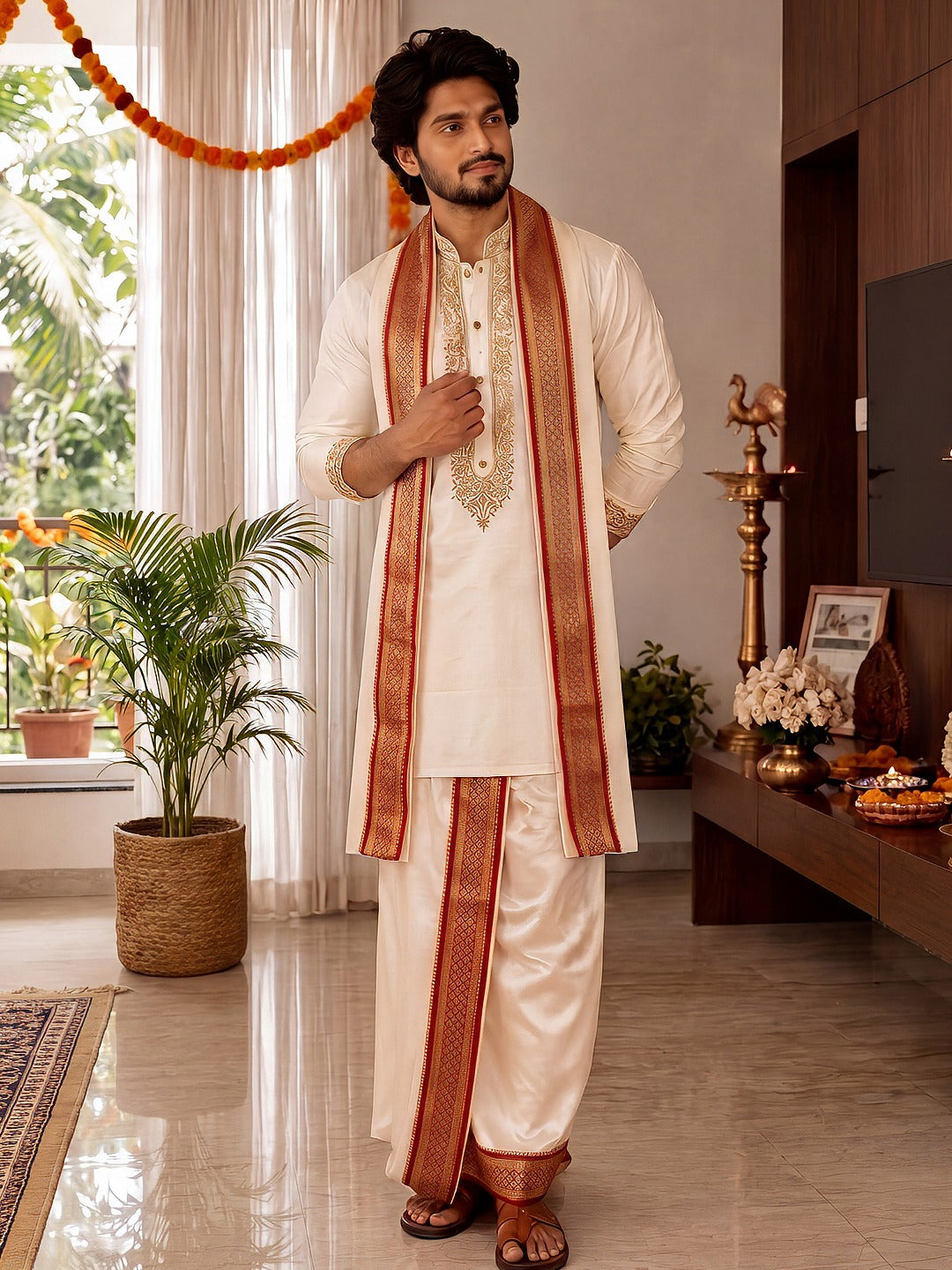 Premium Pure Silk Hand Embroidered Butterfly Motif Kurta Panchakacham & Angavastram with Banaras Red Border | Rathna Varman