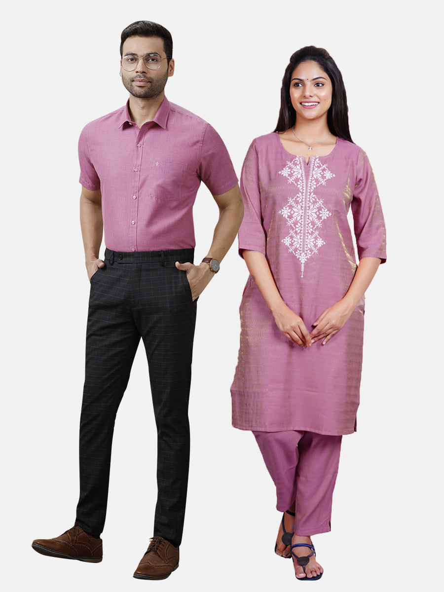 Couple Combo Purple Shirt & Embroidery Kurthi Set