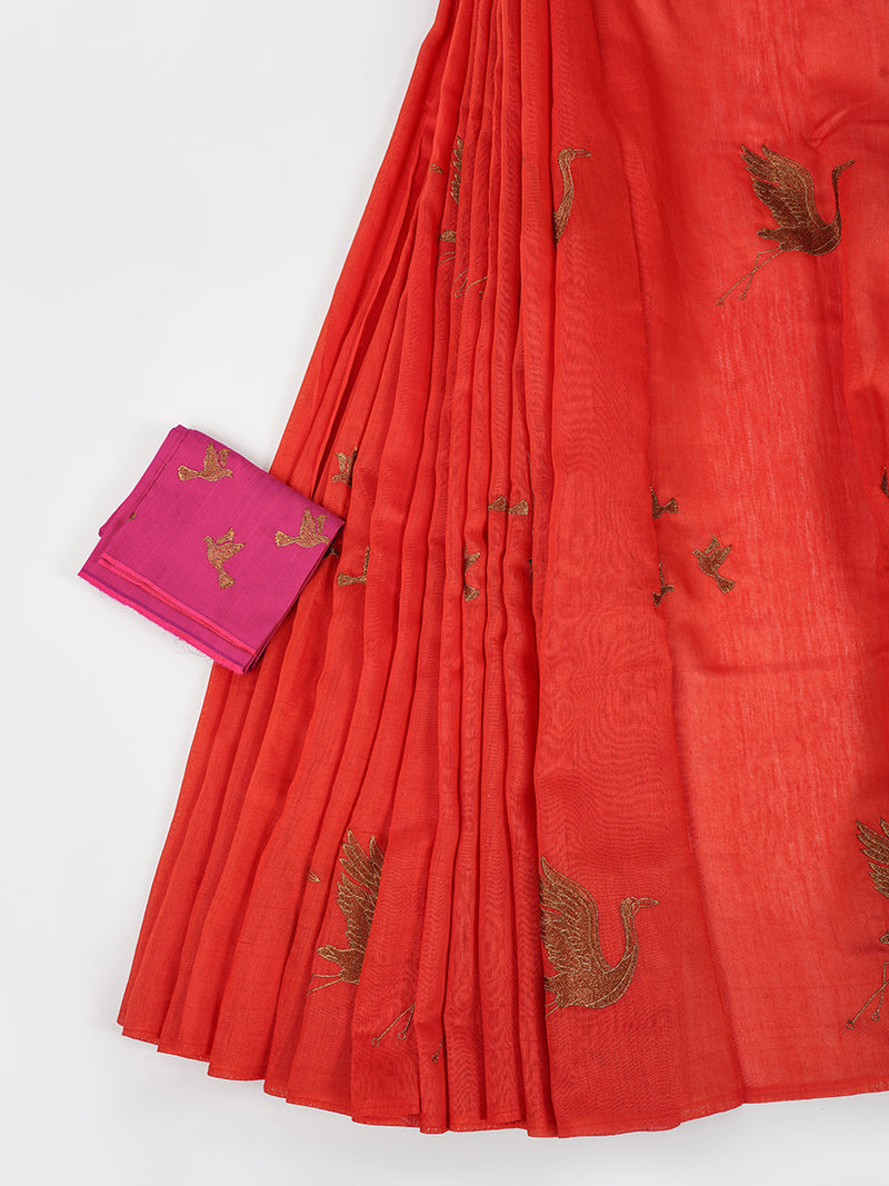 Womens Bhagalpuri Jute Embroidery Saree Red BJS39