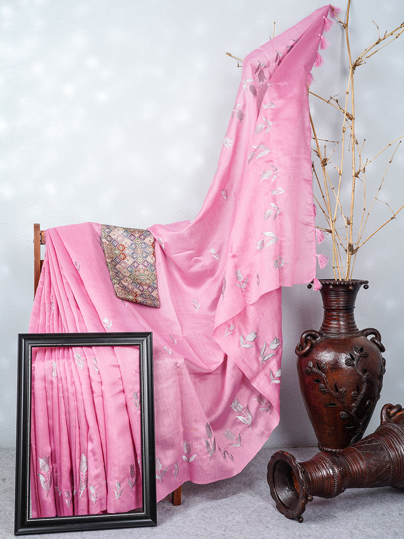 Womens Bhagalpuri Jute Flower Embroidery Saree Pink BJS29