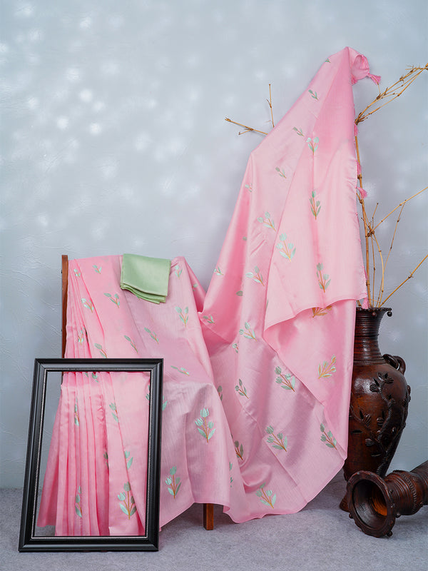 Womens Bhagalpuri Jute Flower Embroidery Saree Pink BJS28