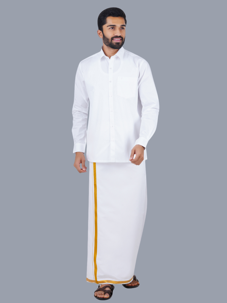 Mens Royal Cotton White Full Sleeves Shirt with 1'' Gold Jari Double Dhoti Combo