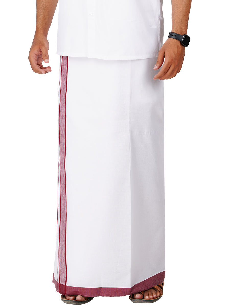 Mens White Double Dhoti with Maroon Fancy Border Teera-Front view