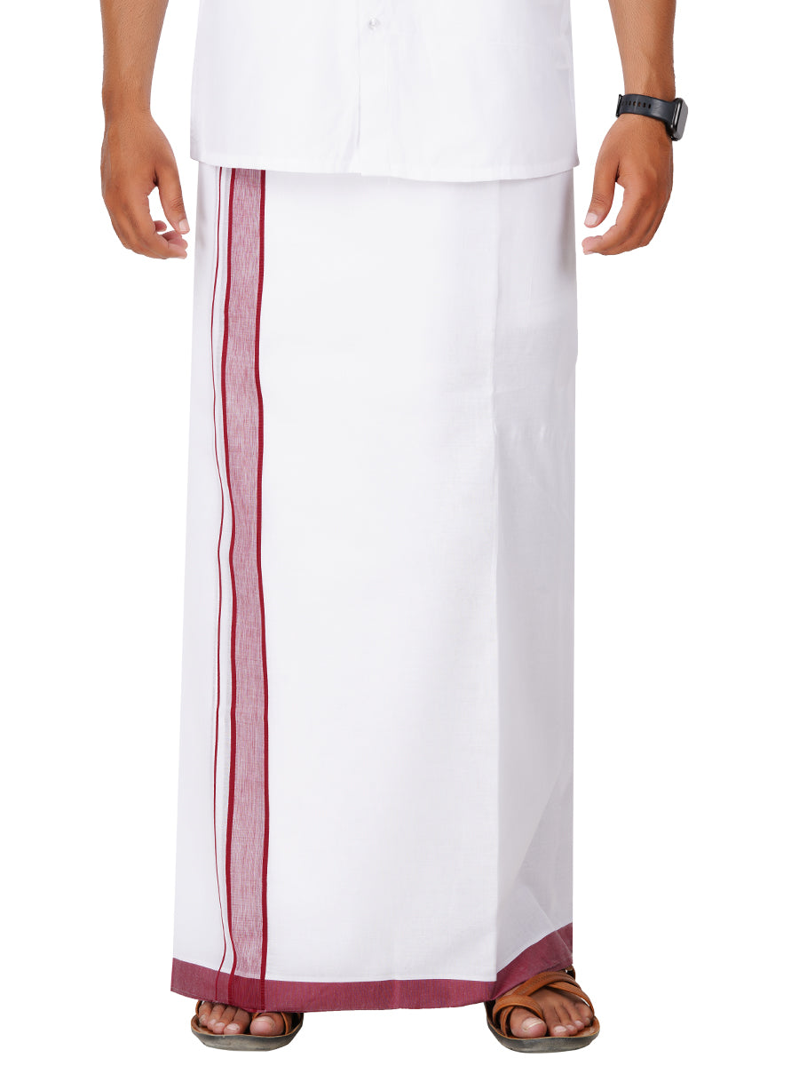 Mens White Double Dhoti with Maroon Fancy Border Teera