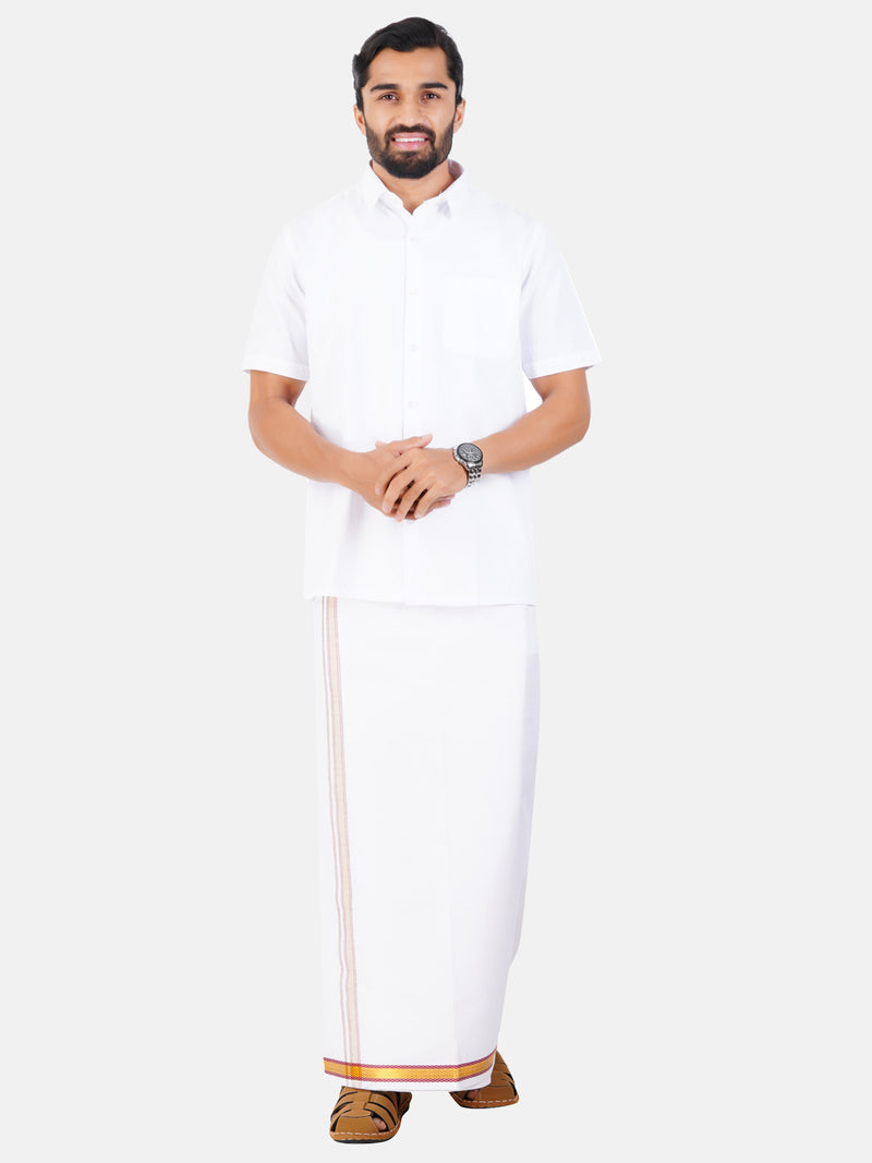 Mens Single Dhoti White Gold and Red Fancy Border Yaganti
