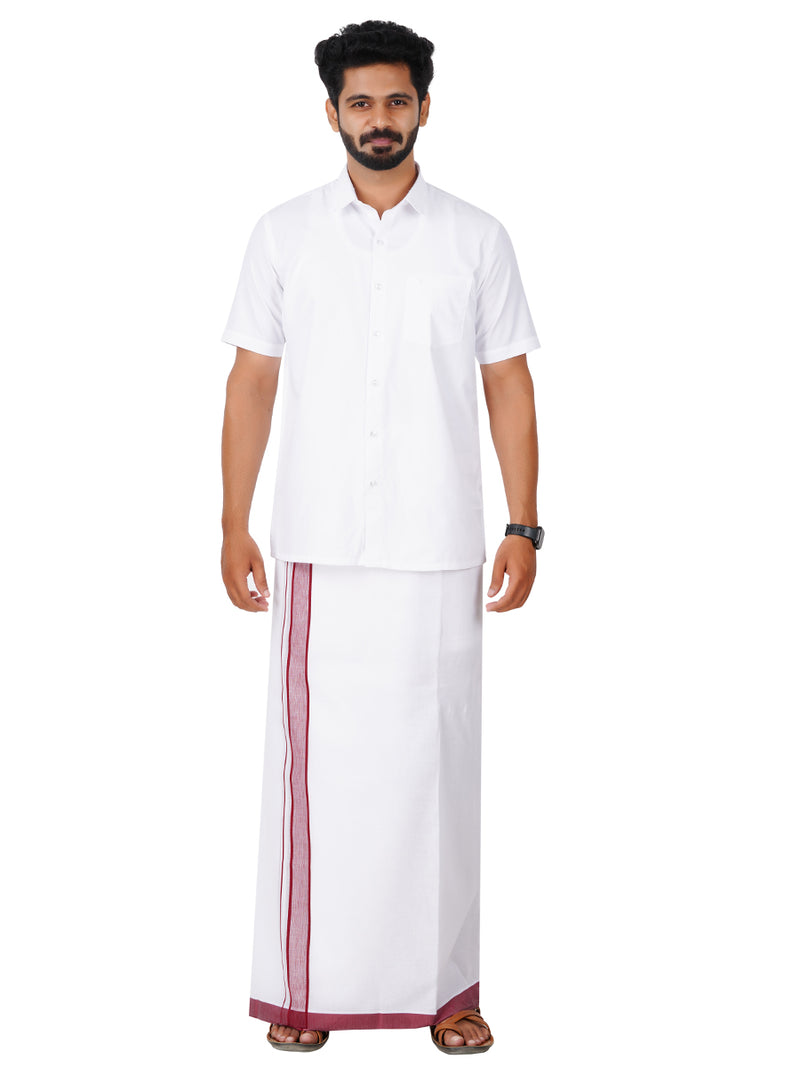Mens White Double Dhoti with Maroon Fancy Border Teera