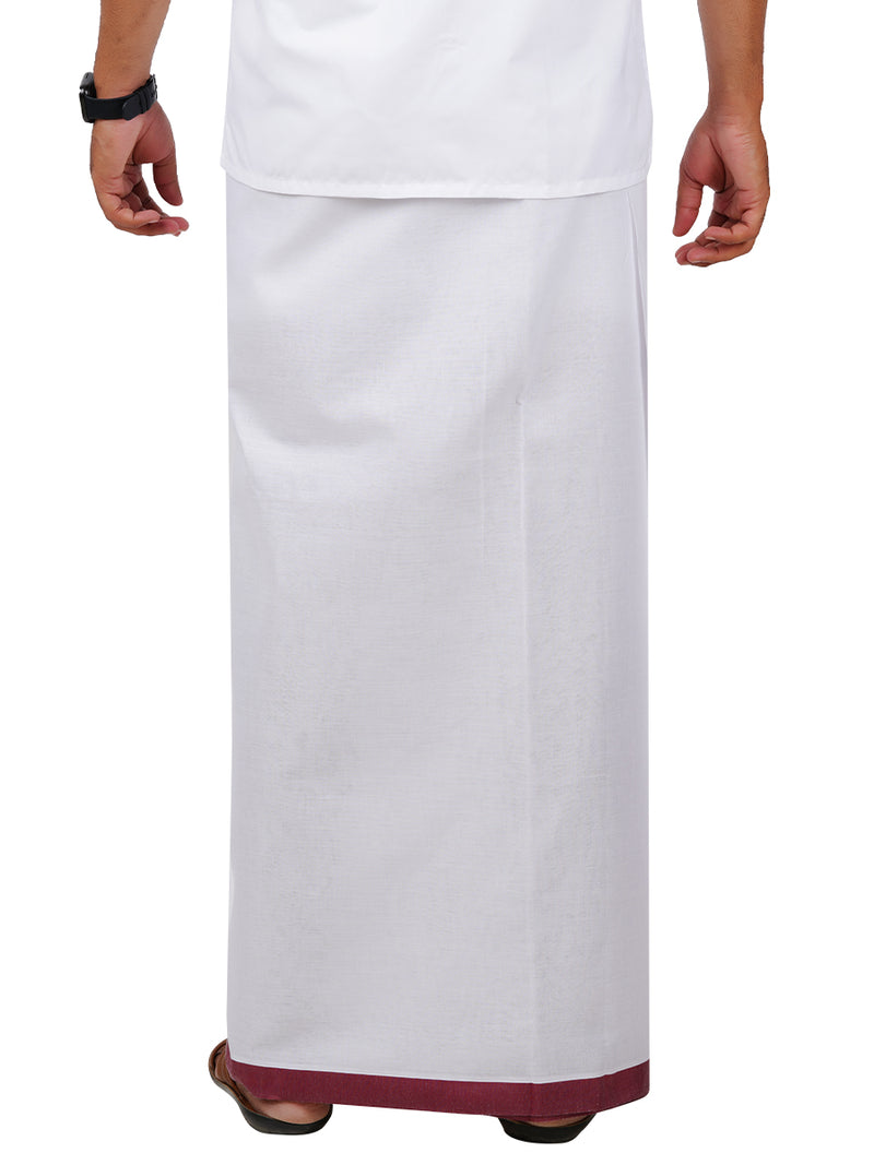 Mens White Double Dhoti with Maroon Fancy Border Teera