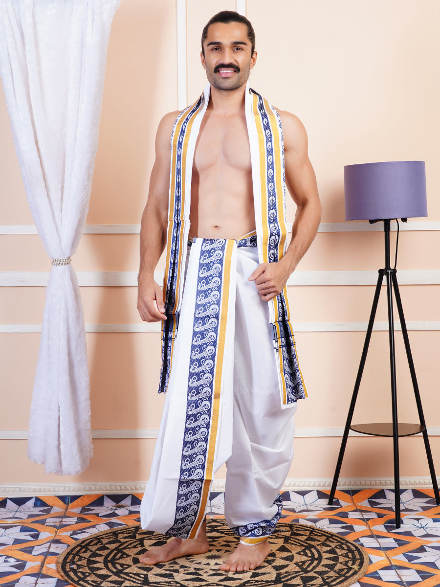 Mens Fancy Navy Border Panchakacham With Angavasthram Dhanajaya(9+5) DJ01