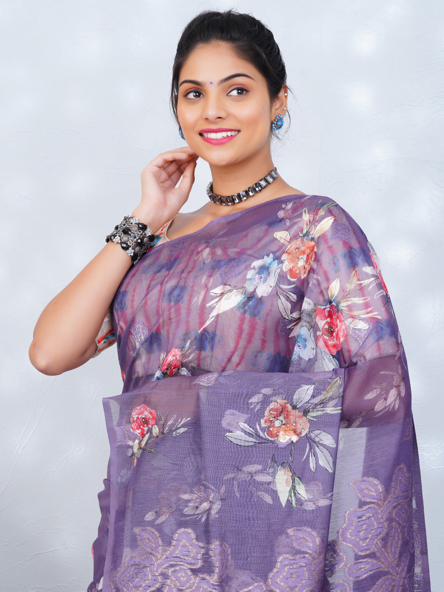 Womens Chanderi Cotton Printed Saree Purple SC02