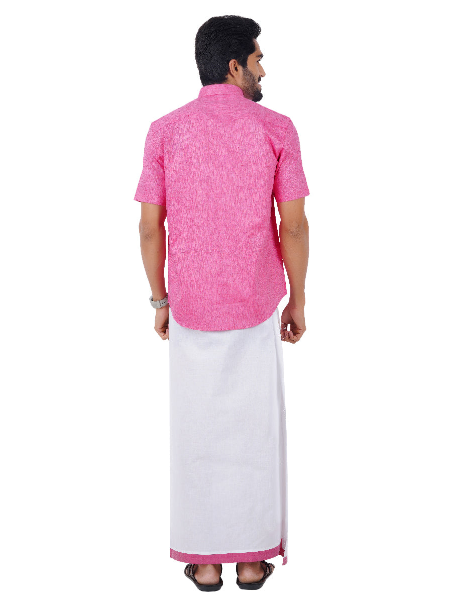 Matching Dhoti Shirt & Semi Silk Saree Couple Combo Pink-Back view