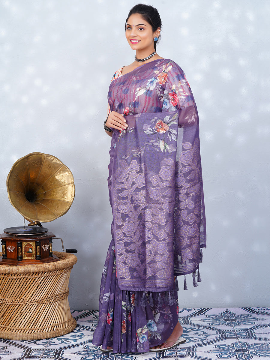 Womens Chanderi Cotton Printed Saree Purple SC02