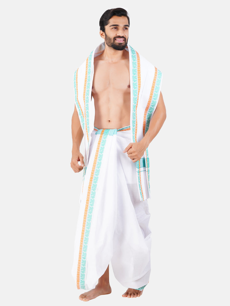 Mens White Panchakacham with Angavasthram Light Green Fancy Border Jaivardhan (10+5)