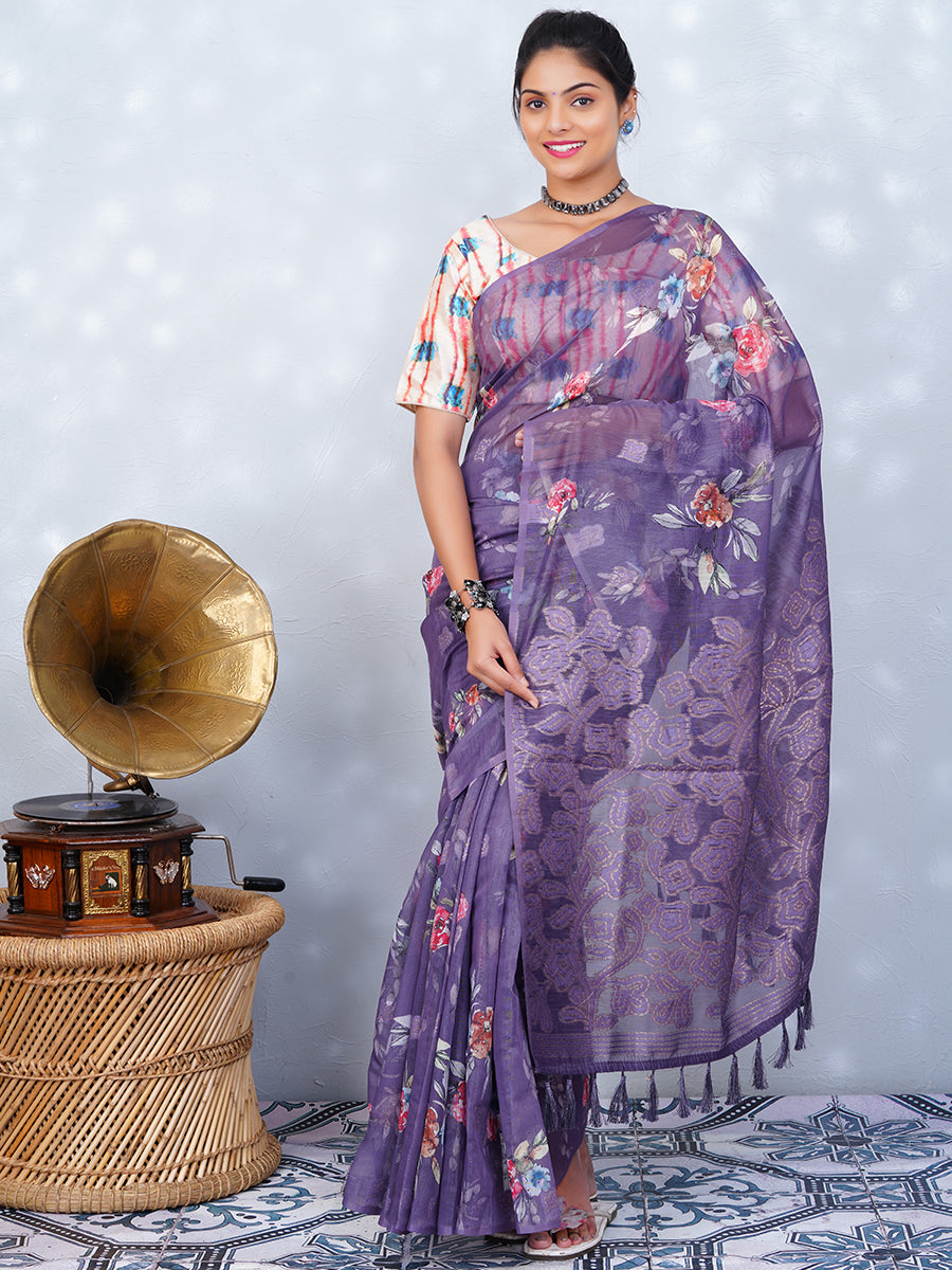 Womens Chanderi Cotton Printed Saree Purple SC02