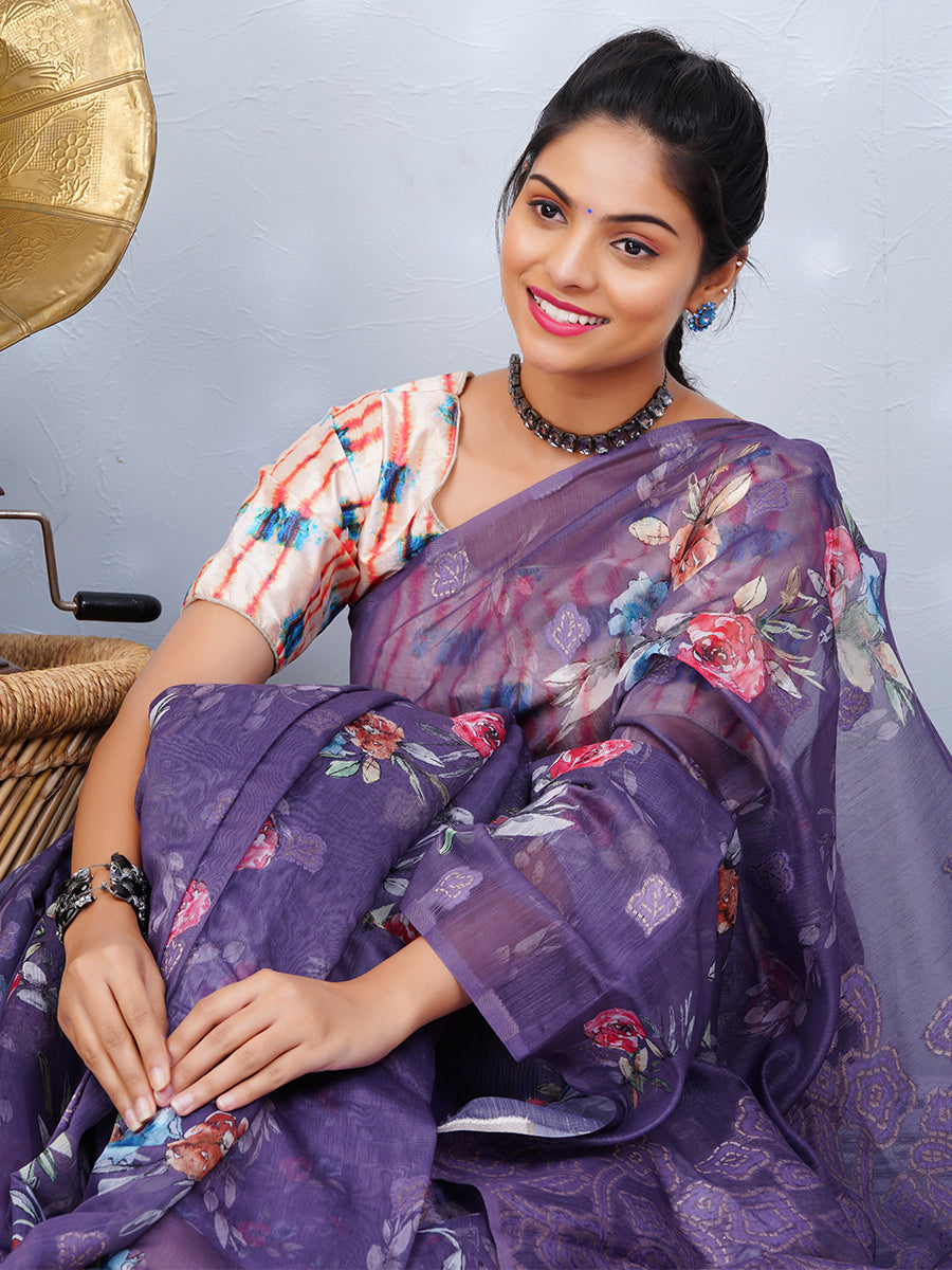 Womens Chanderi Cotton Printed Saree Purple SC02