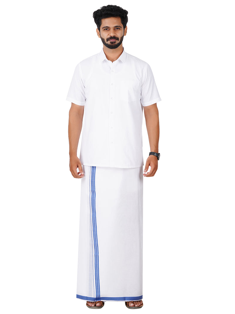 Mens White Double Dhoti with Blue Fancy Border Terra